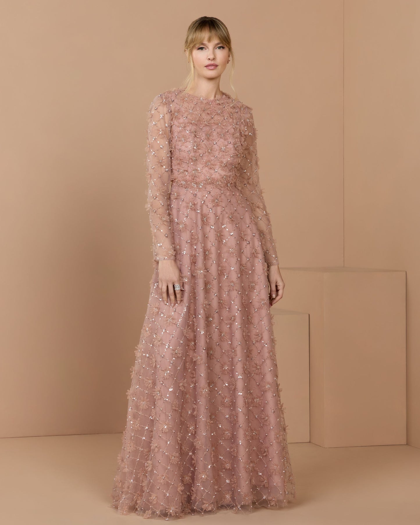 Pink High Neck Long Sleeve Embellished A-Line Gown - Mac Duggal