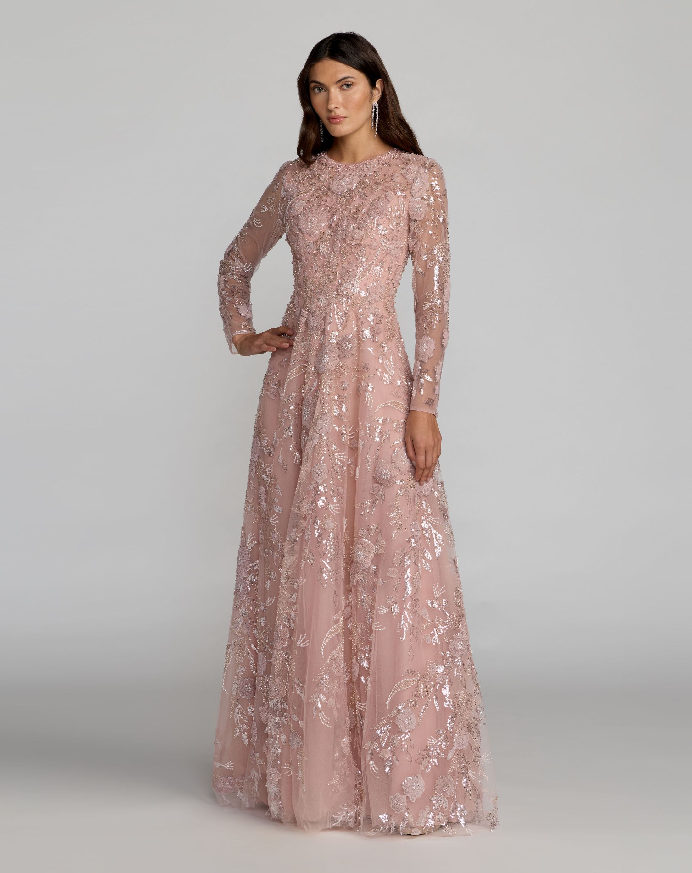 Pink Embellished Long Sleeve Evening Gown - Mac Duggal