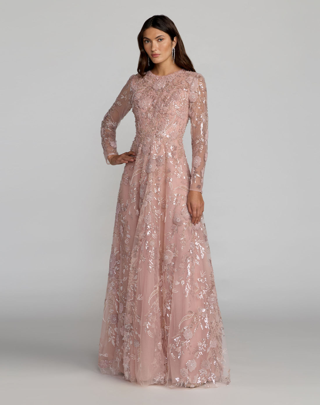 Pink Embellished Long Sleeve Evening Gown - Mac Duggal