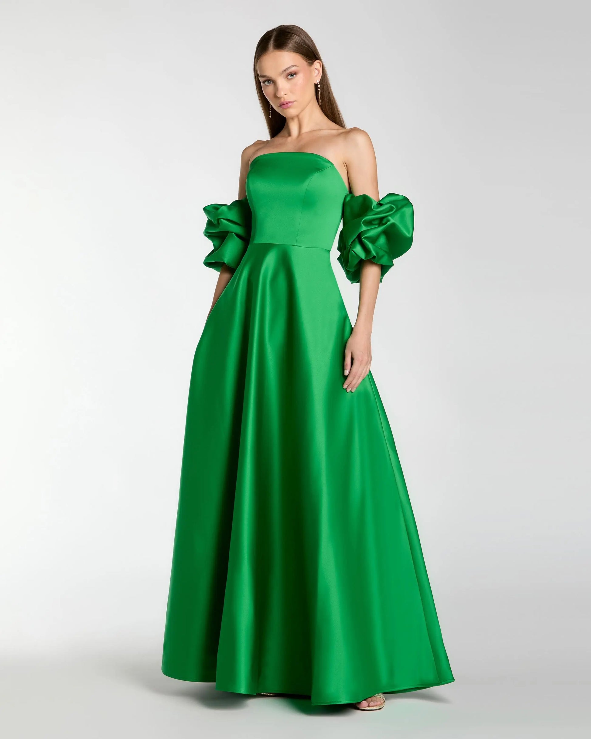 Green Satin Off The Shoulder Puff Sleeve Ball Gown Ieena for Mac Duggal