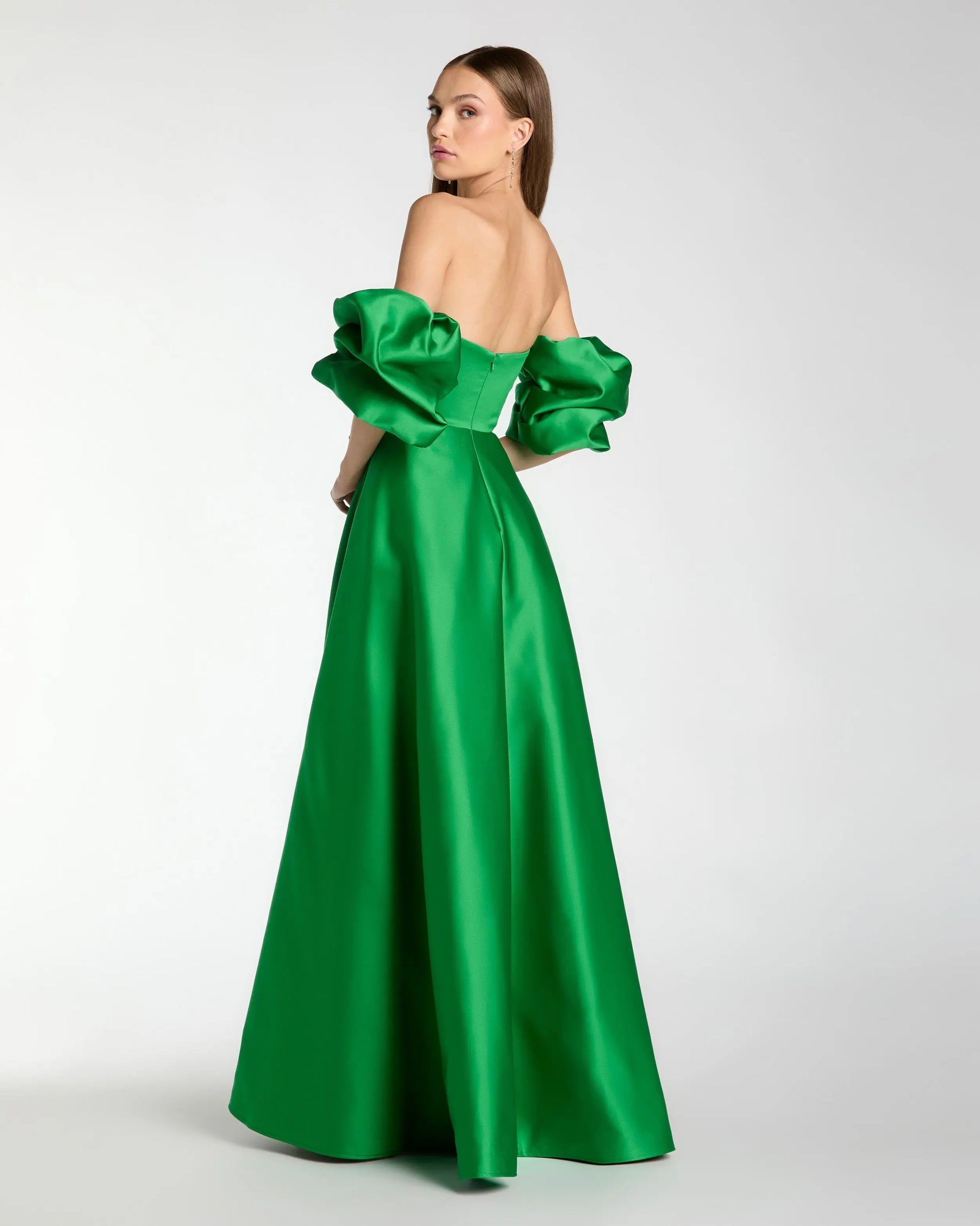 Green Satin Off The Shoulder Puff Sleeve Ball Gown | Mac Duggal Green Satin Off The Shoulder Puff Sleeve Ball Gown | Mac Duggal