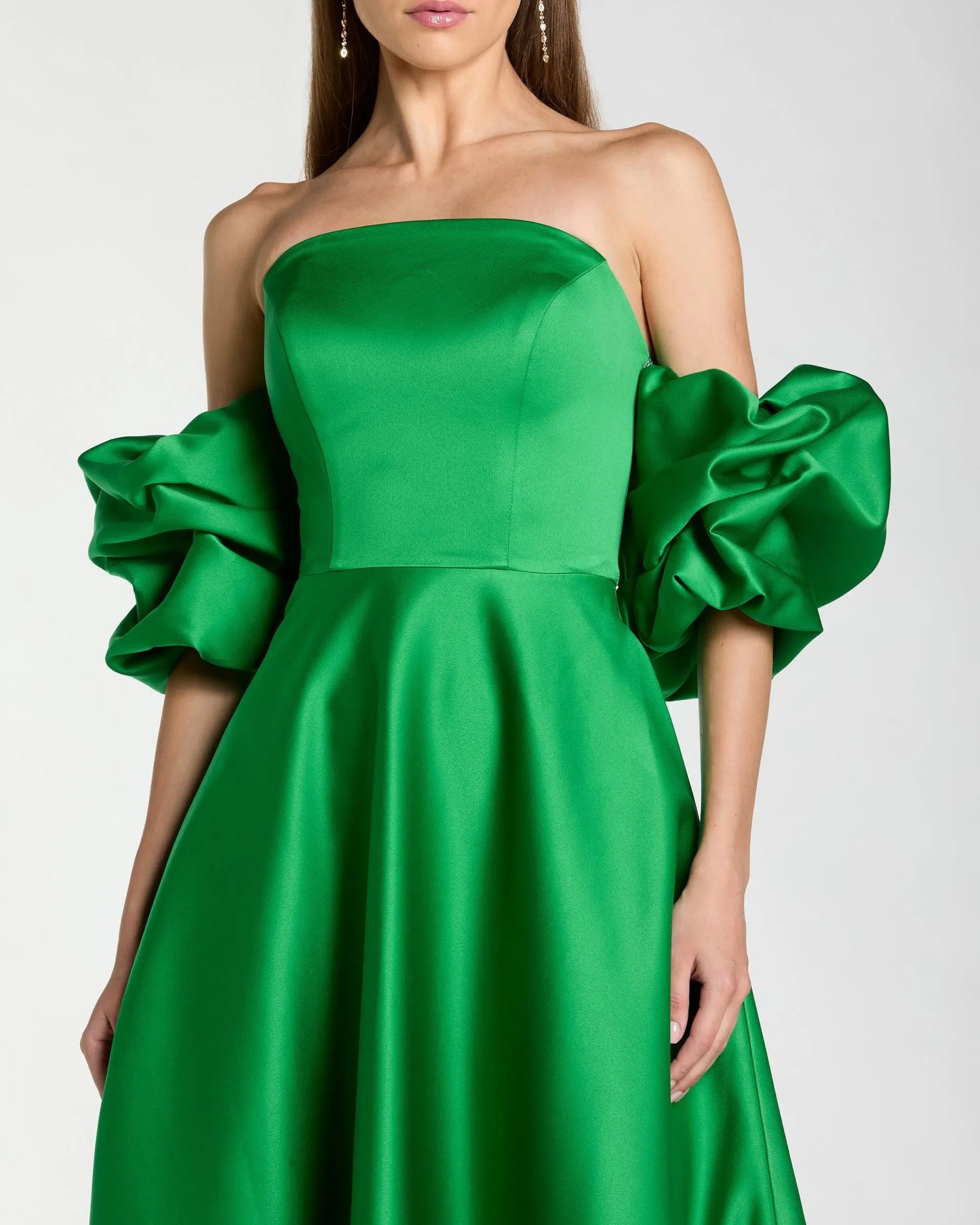 Green Satin Off The Shoulder Puff Sleeve Ball Gown Ieena for Mac Duggal
