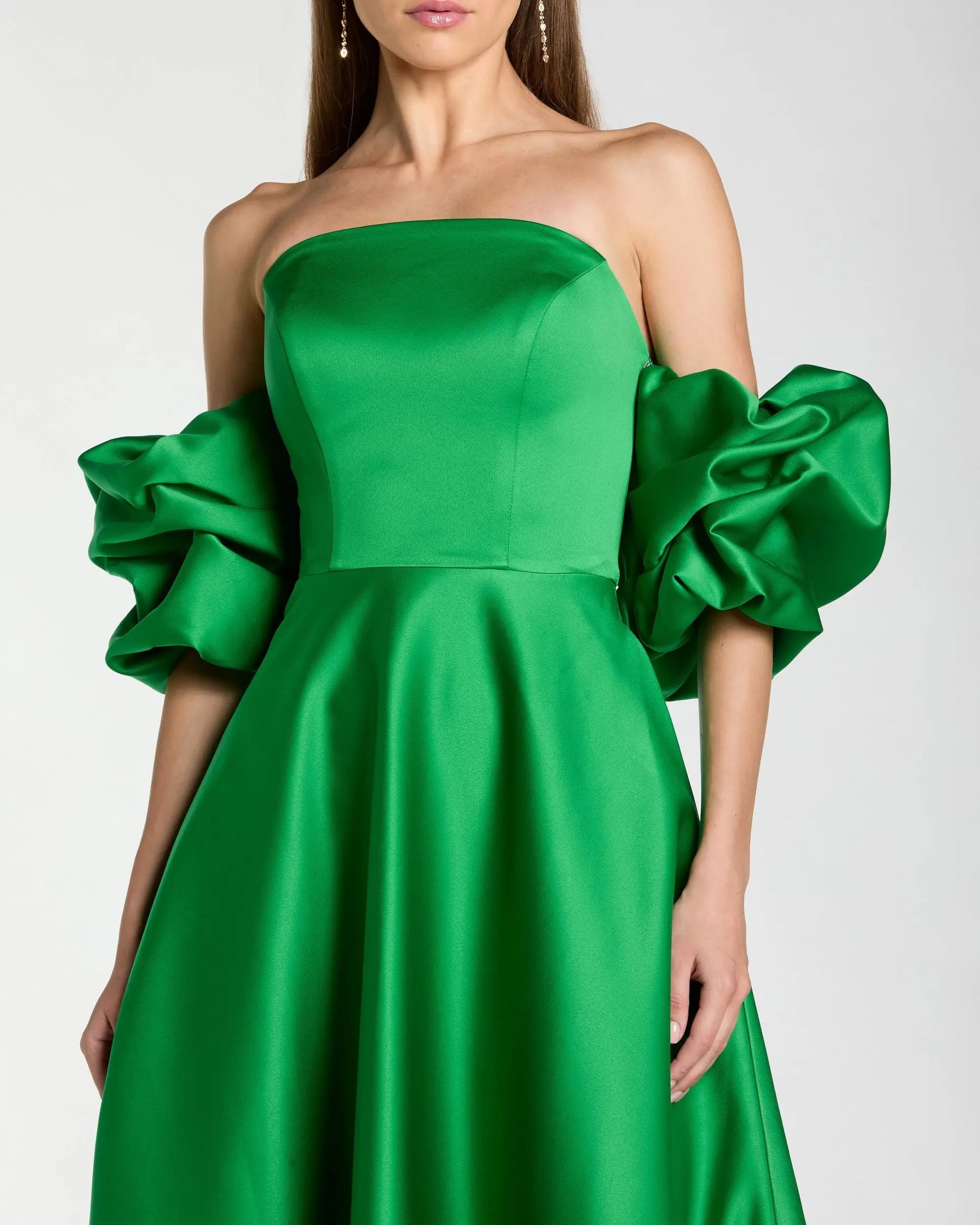 Green Satin Off The Shoulder Puff Sleeve Ball Gown Ieena for Mac Duggal