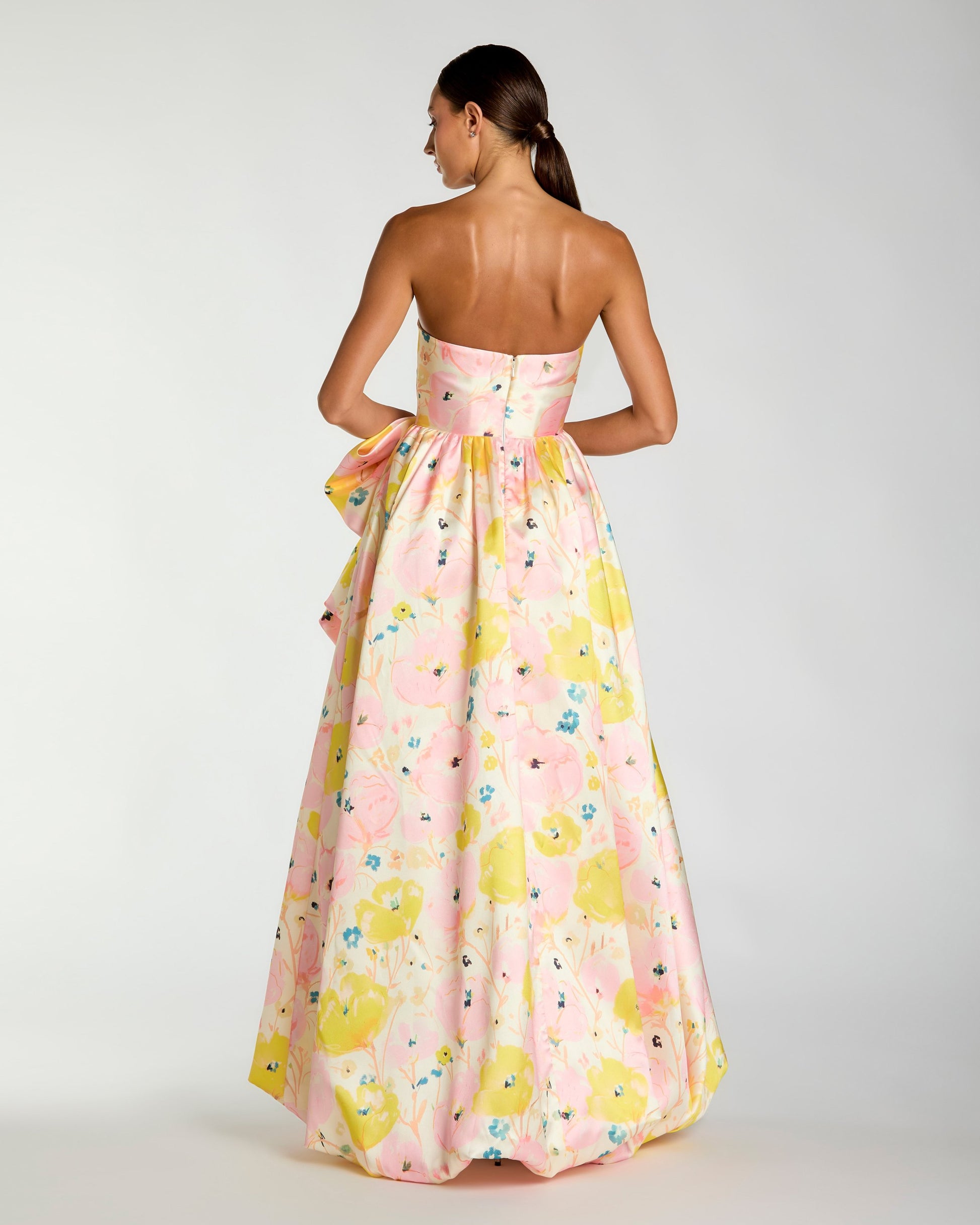 Pink Floral Strapless Bow High Slit Ball Gown Ieena for Mac Duggal