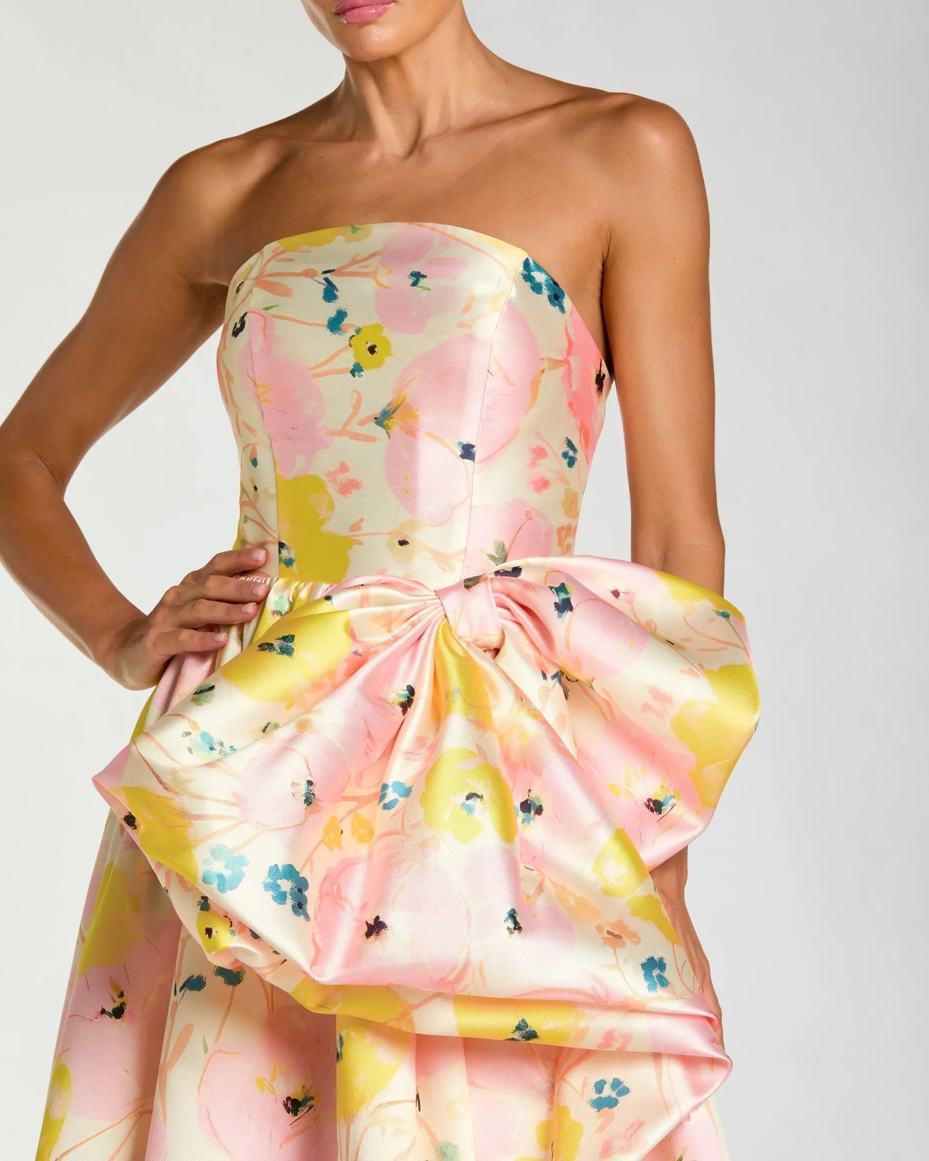 mac duggal pink bow dress Pink Strapless A-Line Bow Ballgown