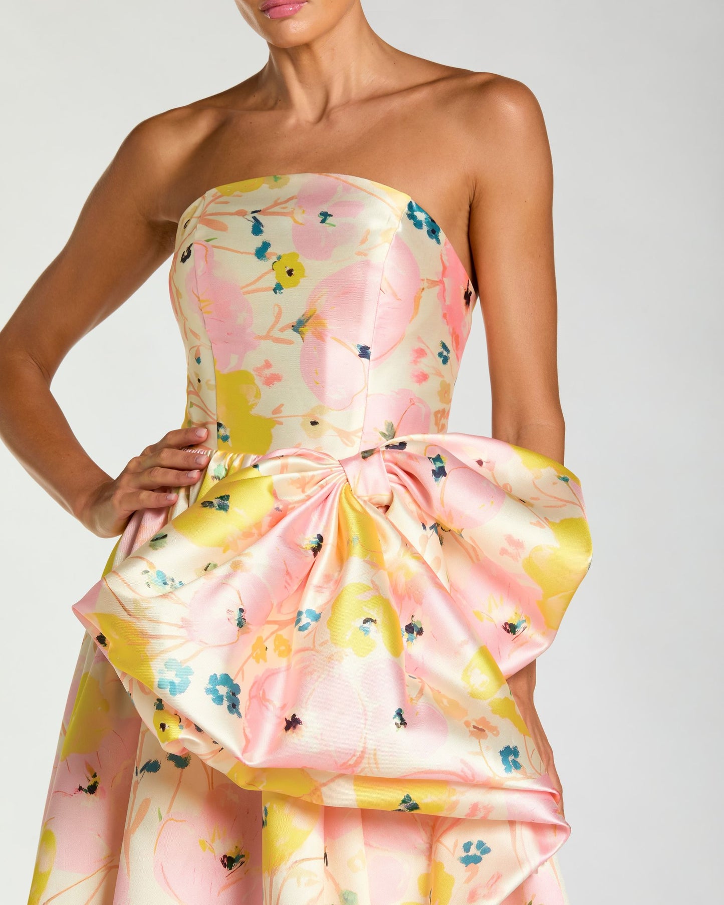 Pink Floral Strapless Bow High Slit Ball Gown Ieena for Mac Duggal