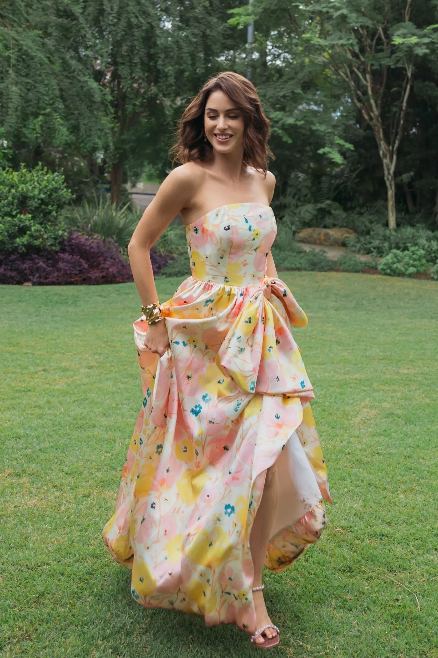 Pink Floral Strapless Bow High Slit Ball Gown Ieena for Mac Duggal