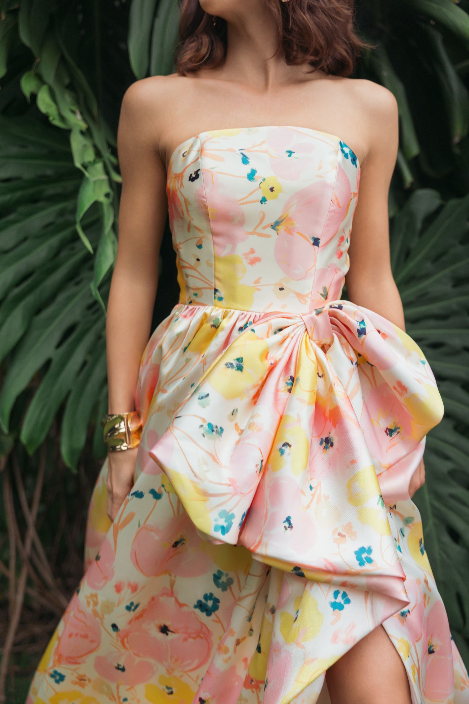 Pink Floral Strapless Bow High Slit Ball Gown Ieena for Mac Duggal