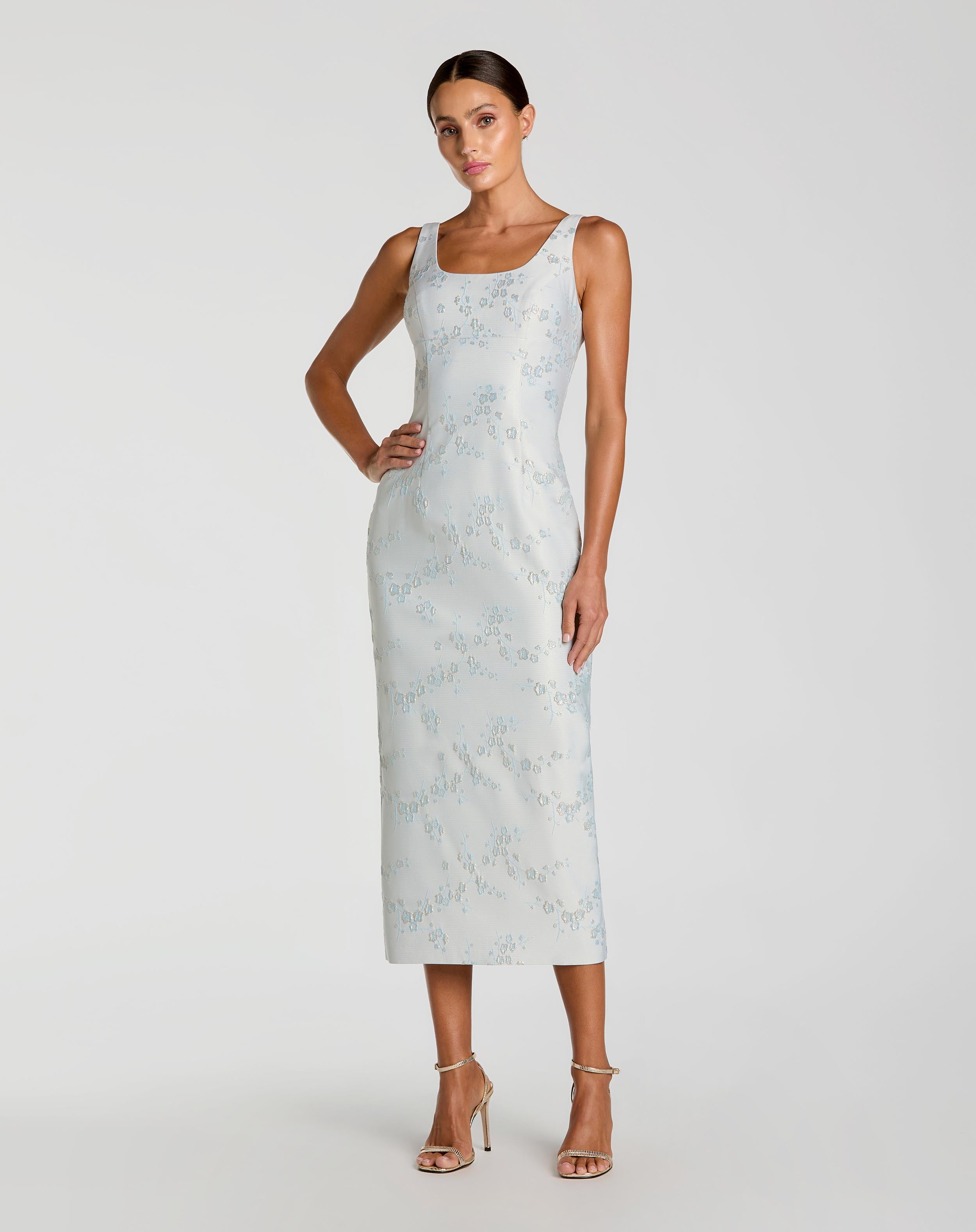 Light Blue Brocade Sleeveless Scoop Neck Midi Dress Mac Duggal