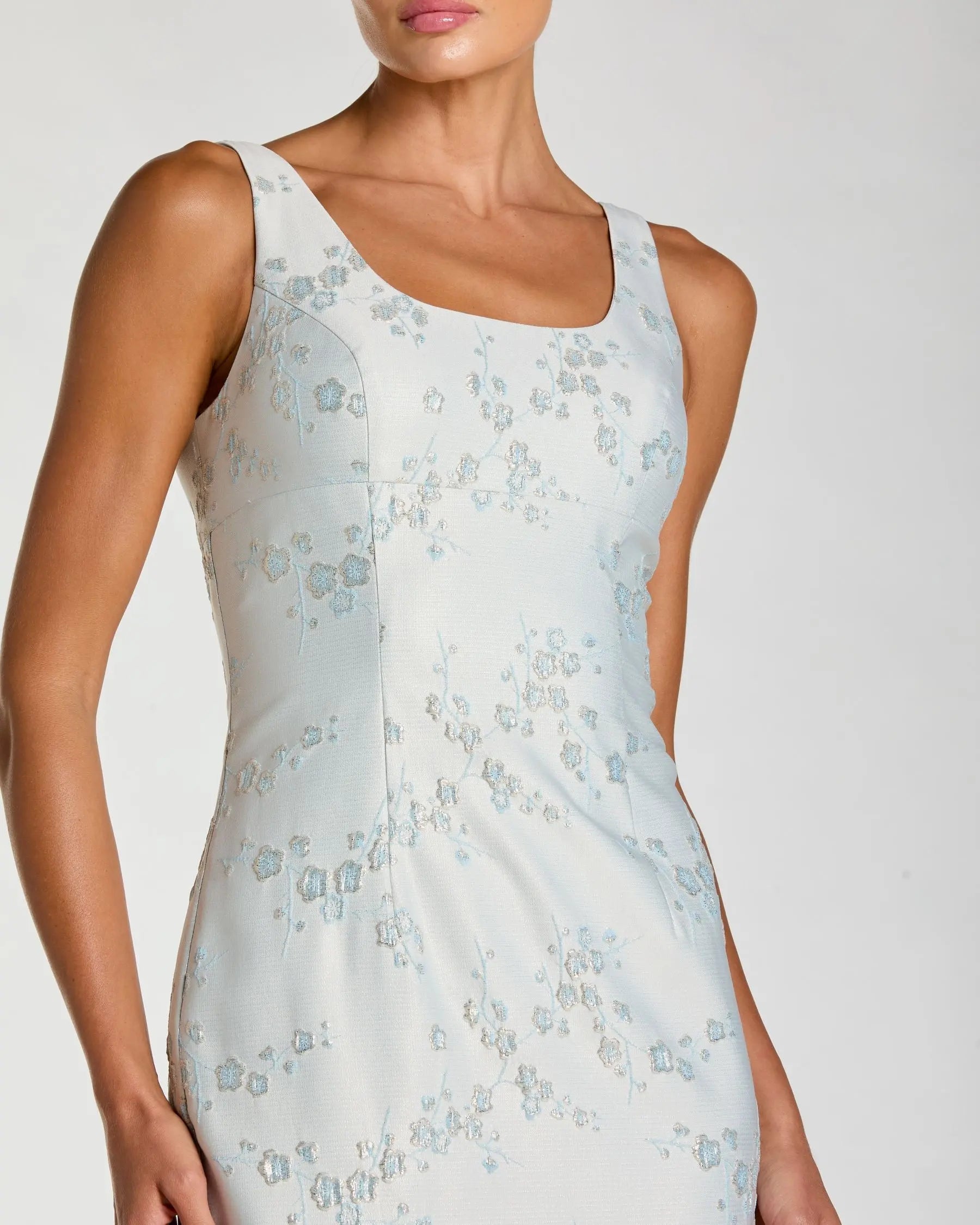 slim strap scoop neck bustier brocade midi dress Ivory Slim Strap Scoop Neck Bustier Brocade Midi Dress