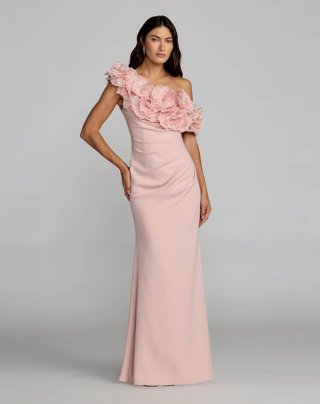 Pink One Shoulder Crepe Gown with 3D Flowers Ieena for Mac Duggal