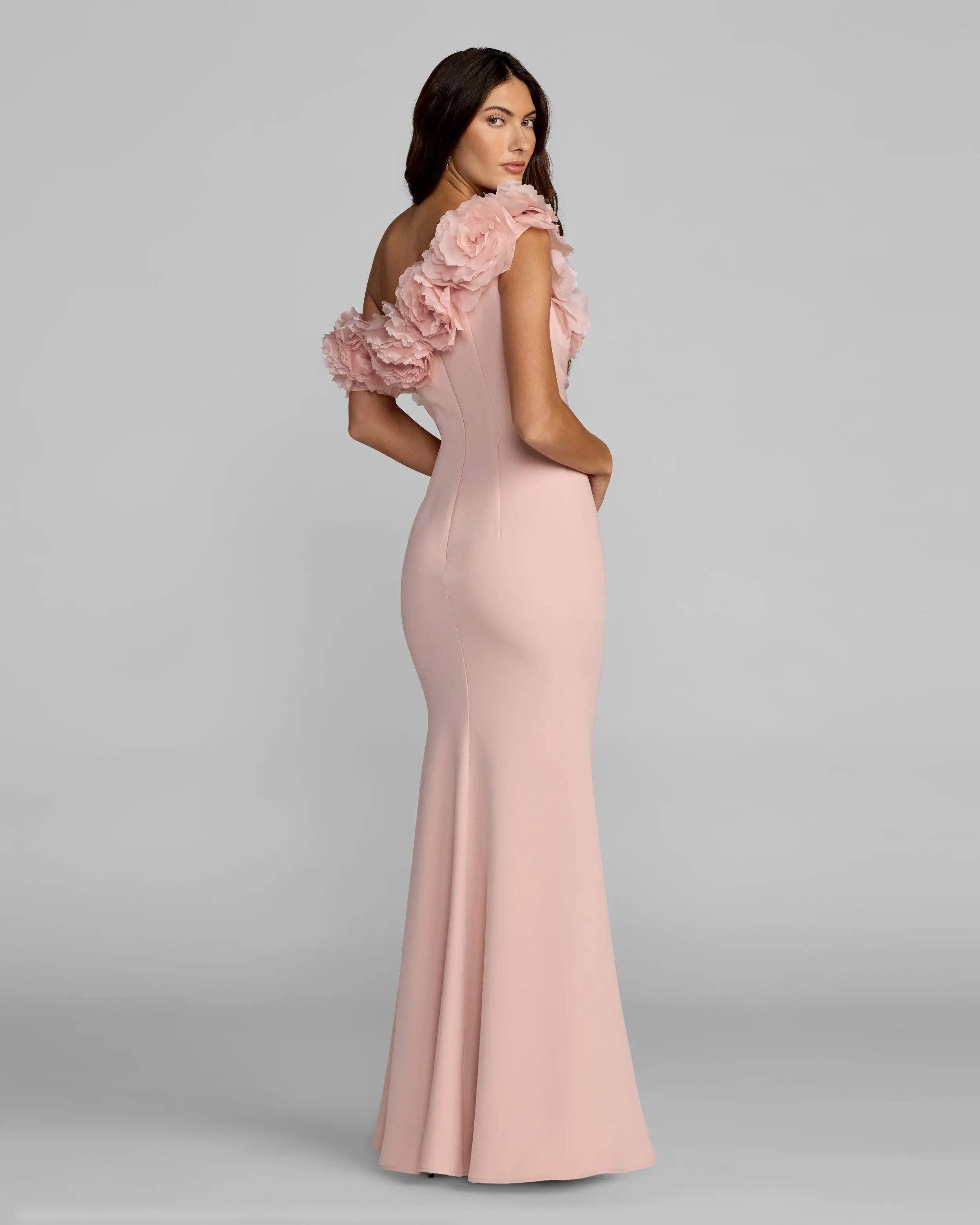 Pink One Shoulder Crepe Gown with 3D Flowers Ieena for Mac Duggal