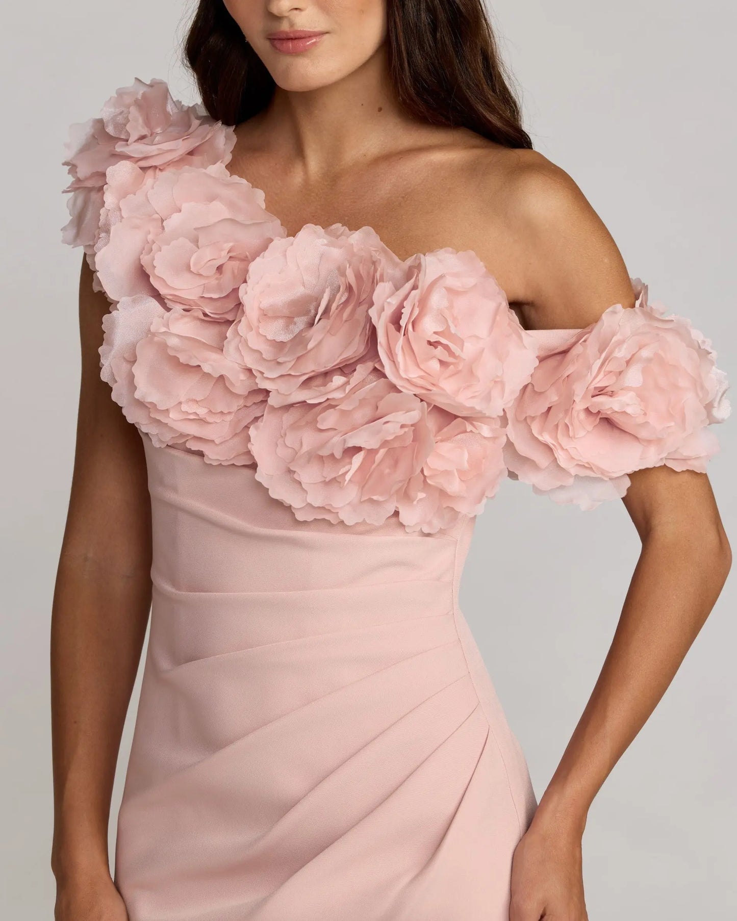 Pink One Shoulder Crepe Gown with 3D Flowers Ieena for Mac Duggal