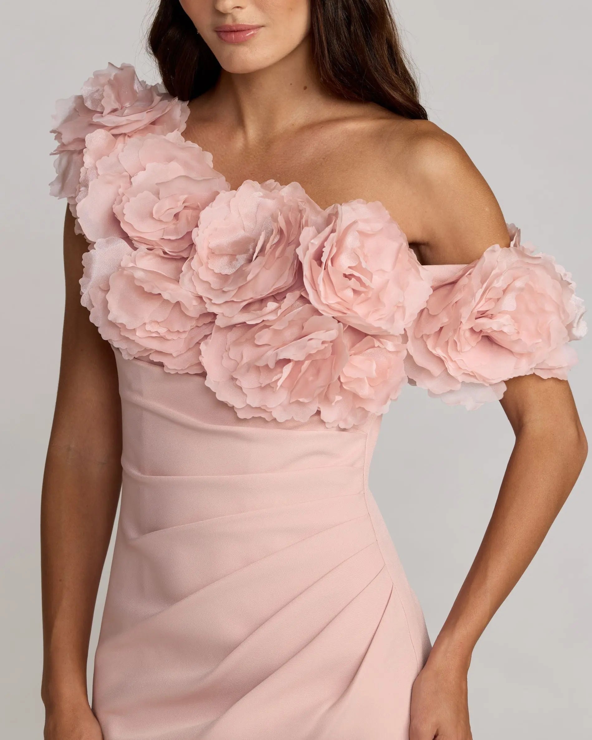 Pink One Shoulder Crepe Gown with 3D Flowers Ieena for Mac Duggal