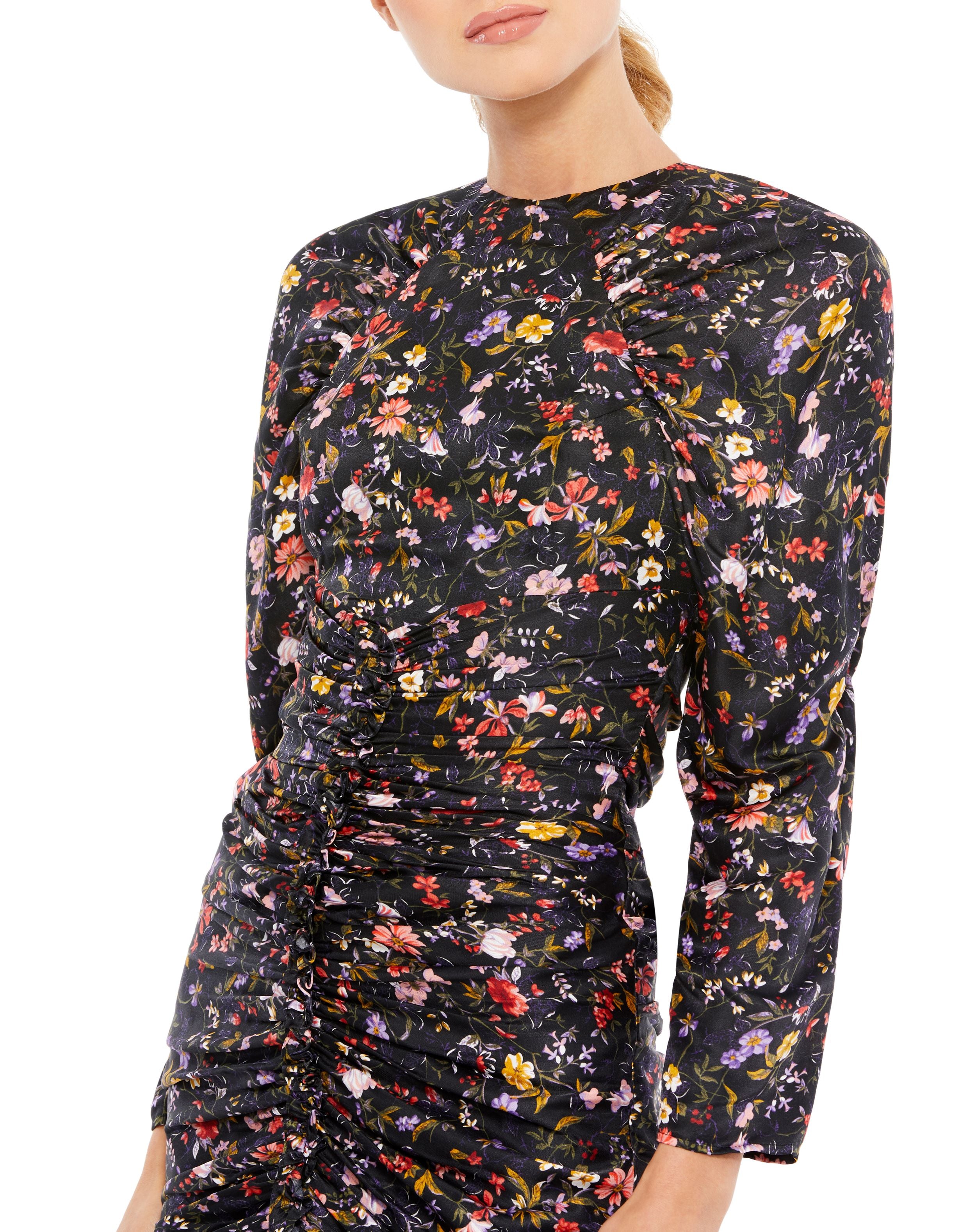 Ruched Floral High Neck Long Sleeve Open Back Mini  | Sample | Sz. XS