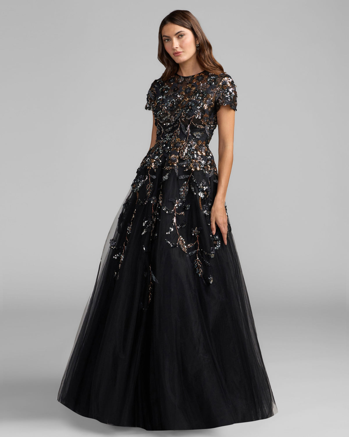 Black Sequin Floral Embroidered Ball Gown - Mac Duggal
