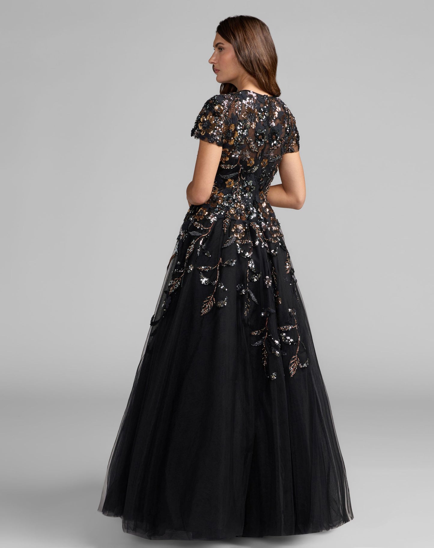 Black Sequin Floral Embroidered Ball Gown - Mac Duggal