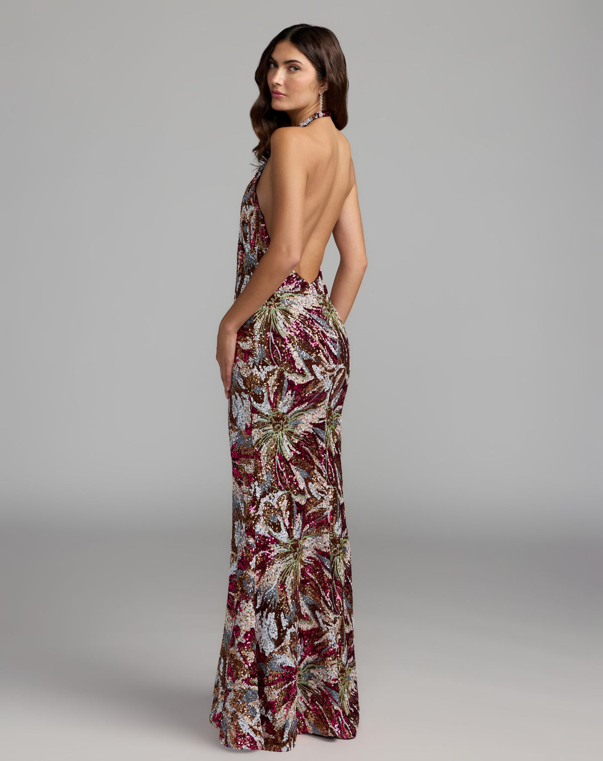 Berry Multi Floral Sequin Sleeveless Open Back Gown - Ieena for Mac Duggal