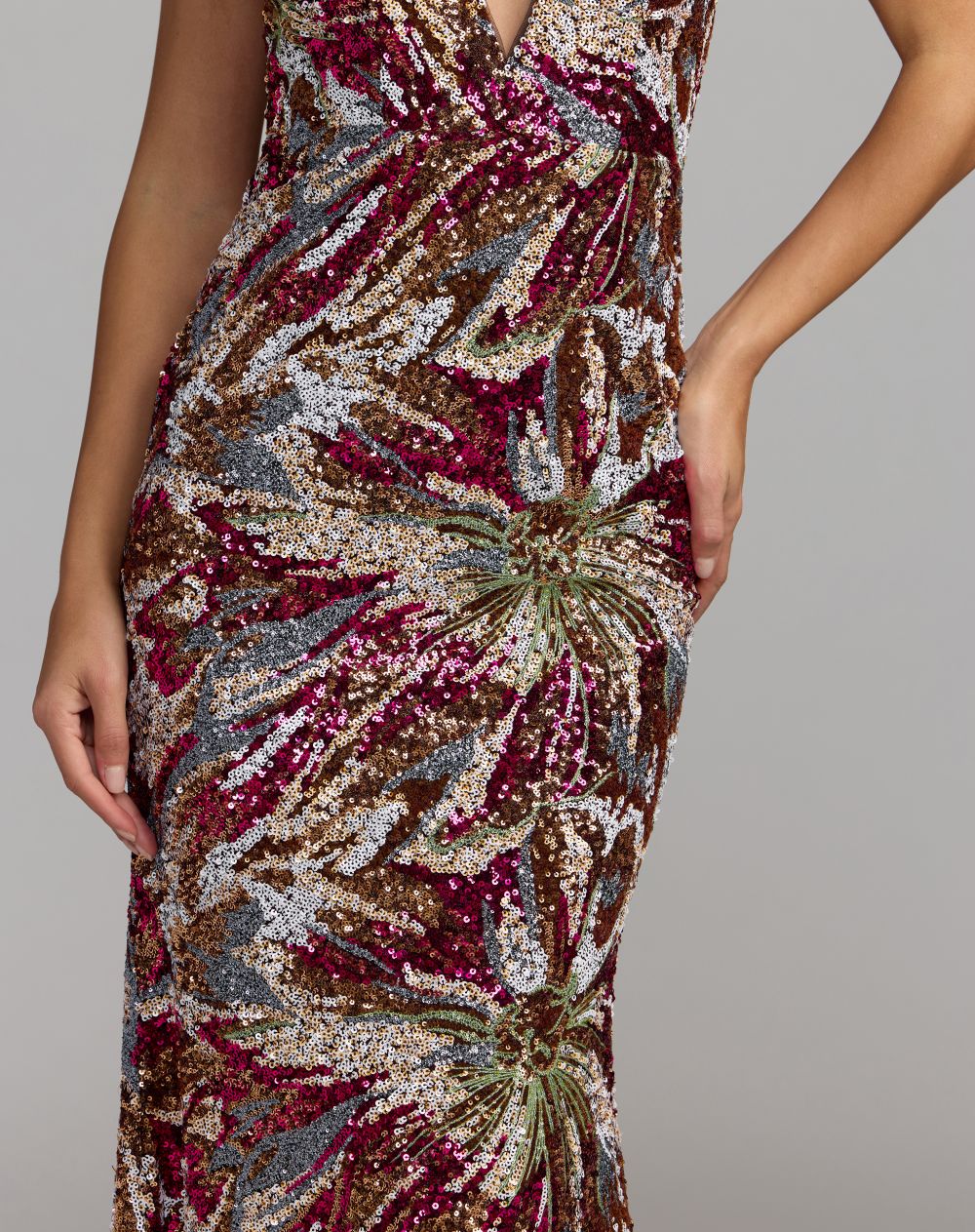 Berry Multi Floral Sequin Sleeveless Open Back Gown - Ieena for Mac Duggal