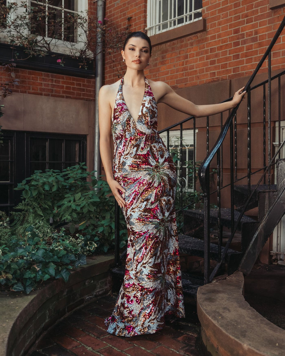 Berry Multi Floral Sequin Sleeveless Open Back Gown - Ieena for Mac Duggal