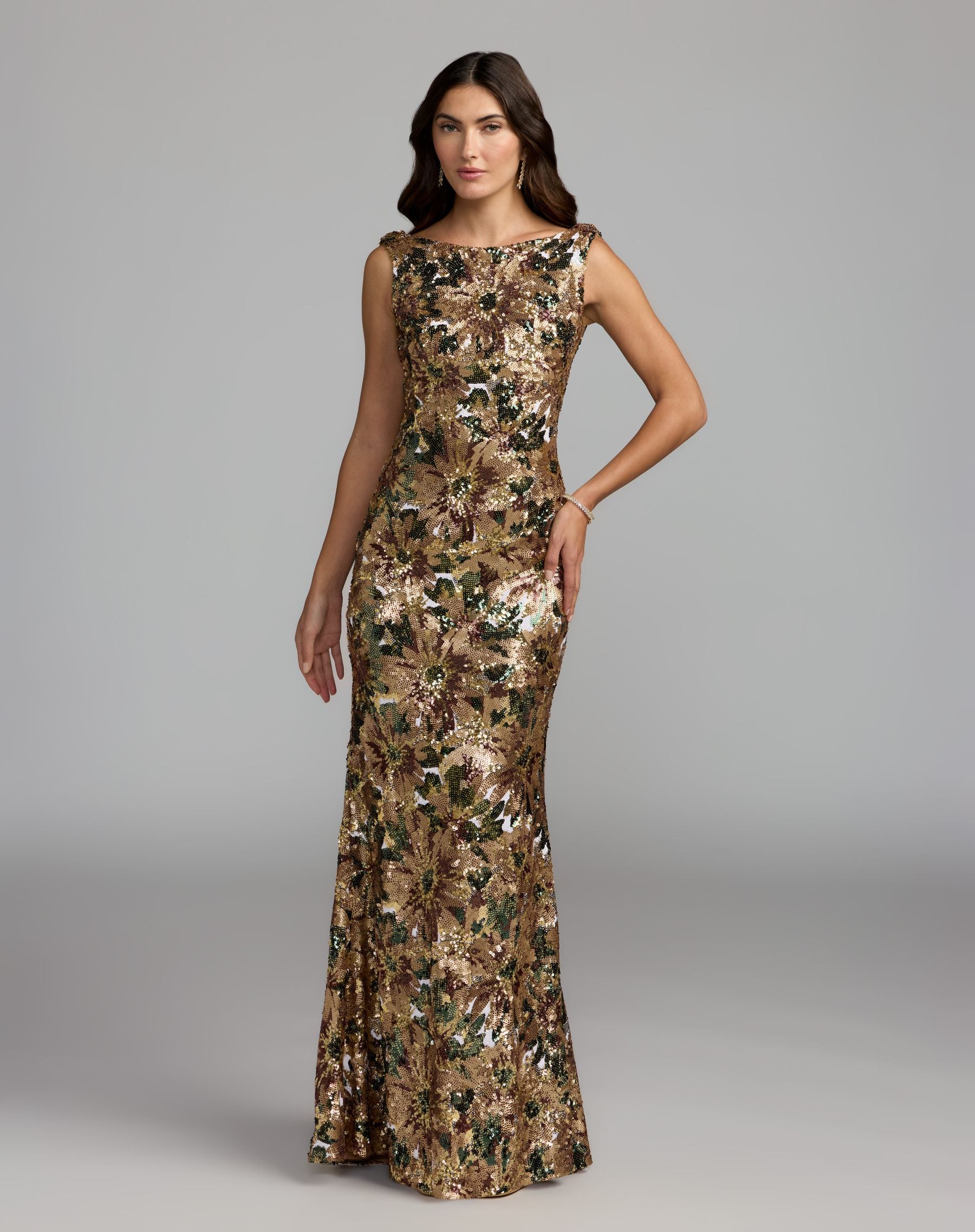 Floral Sequin Cowl Back Mermaid Gown - Ieena for Mac Duggal