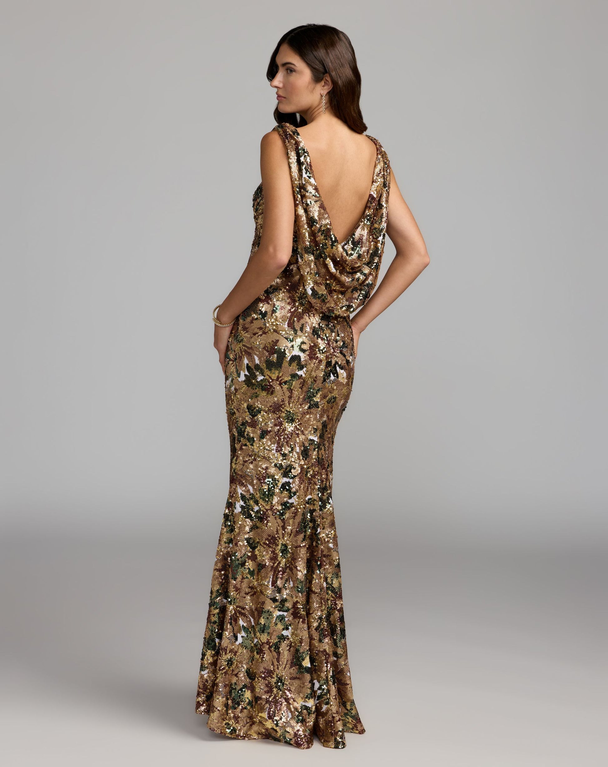 Floral Sequin Cowl Back Mermaid Gown - Ieena for Mac Duggal