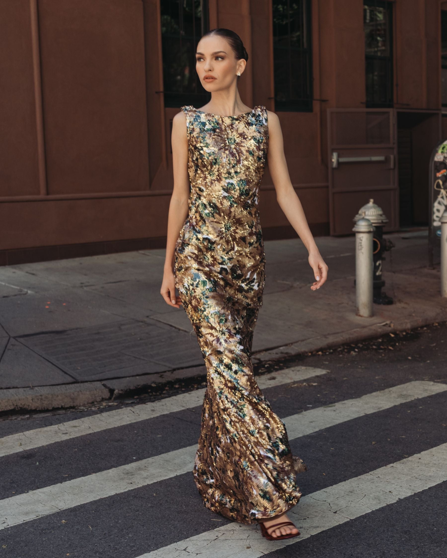 Floral Sequin Cowl Back Mermaid Gown - Ieena for Mac Duggal