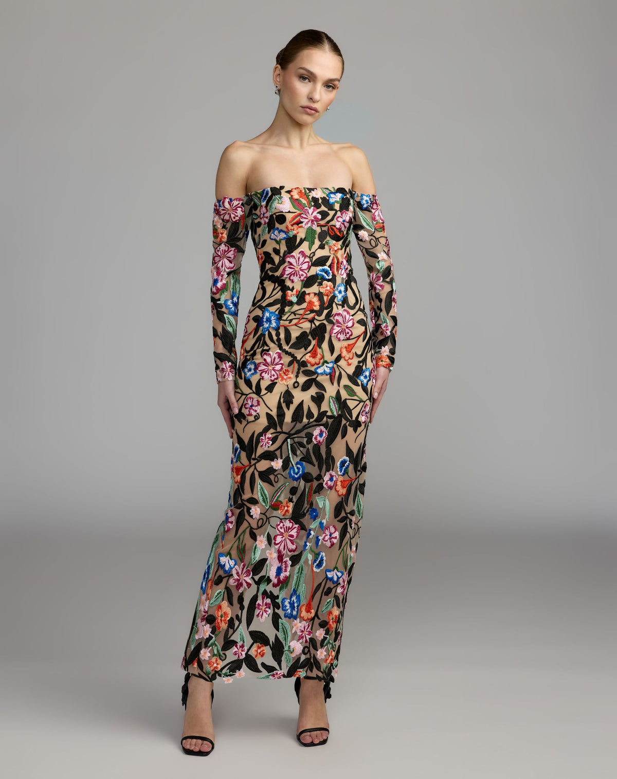 Nude Multi Floral Embroidered Long Sleeve Maxi Dress - Ieena for Mac Duggal