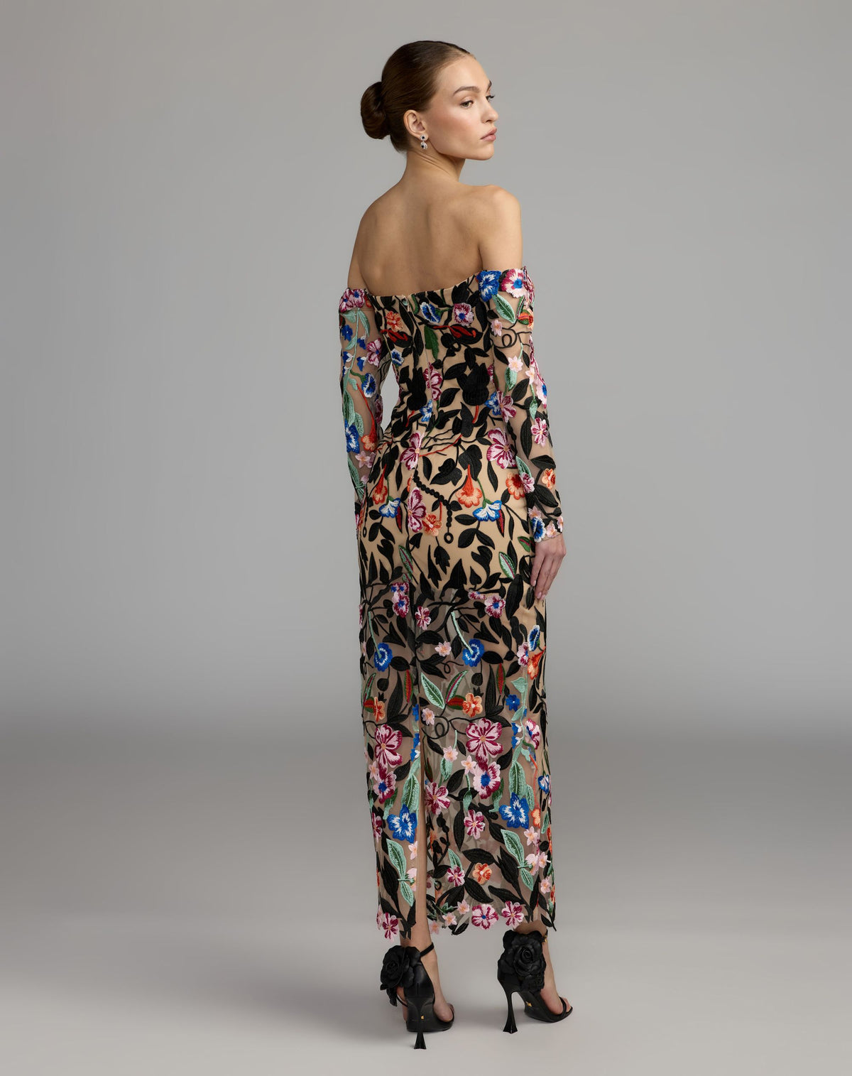 Nude Multi Floral Embroidered Long Sleeve Maxi Dress - Ieena for Mac Duggal