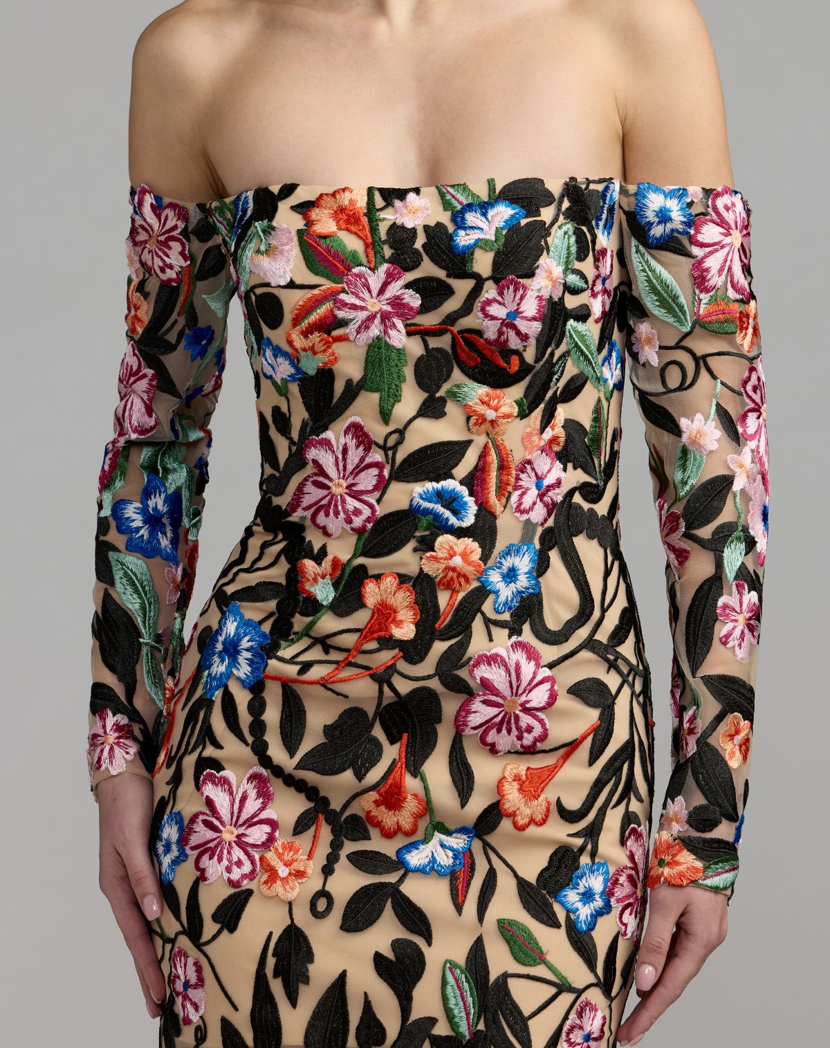 Nude Multi Floral Embroidered Long Sleeve Maxi Dress - Ieena for Mac Duggal