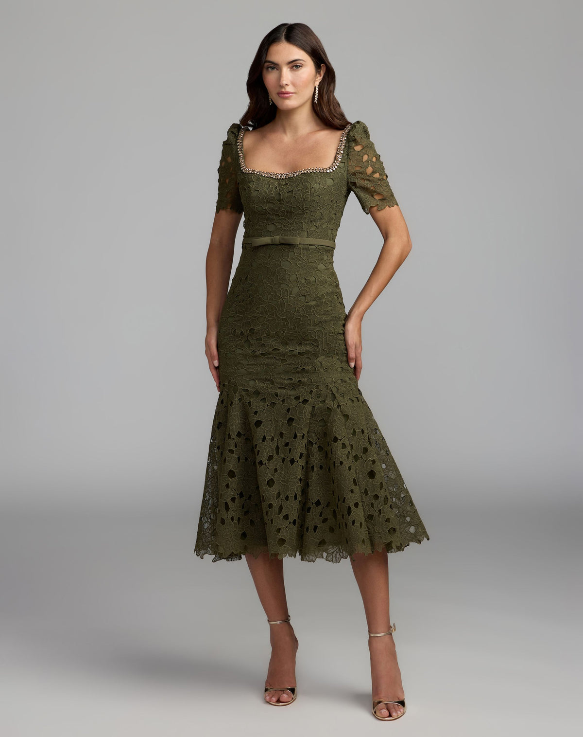 Green Embellished Square Neck Lace Midi Dress - Mac Duggal