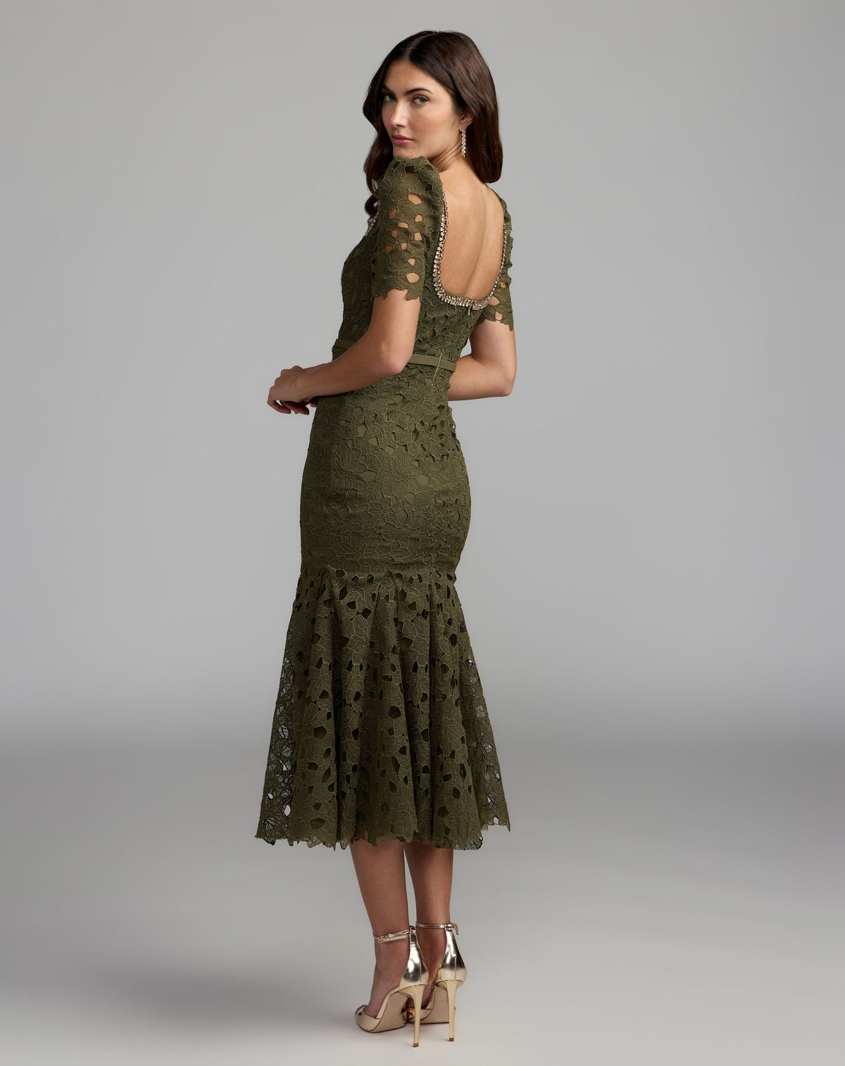 Green Embellished Square Neck Lace Midi Dress - Mac Duggal