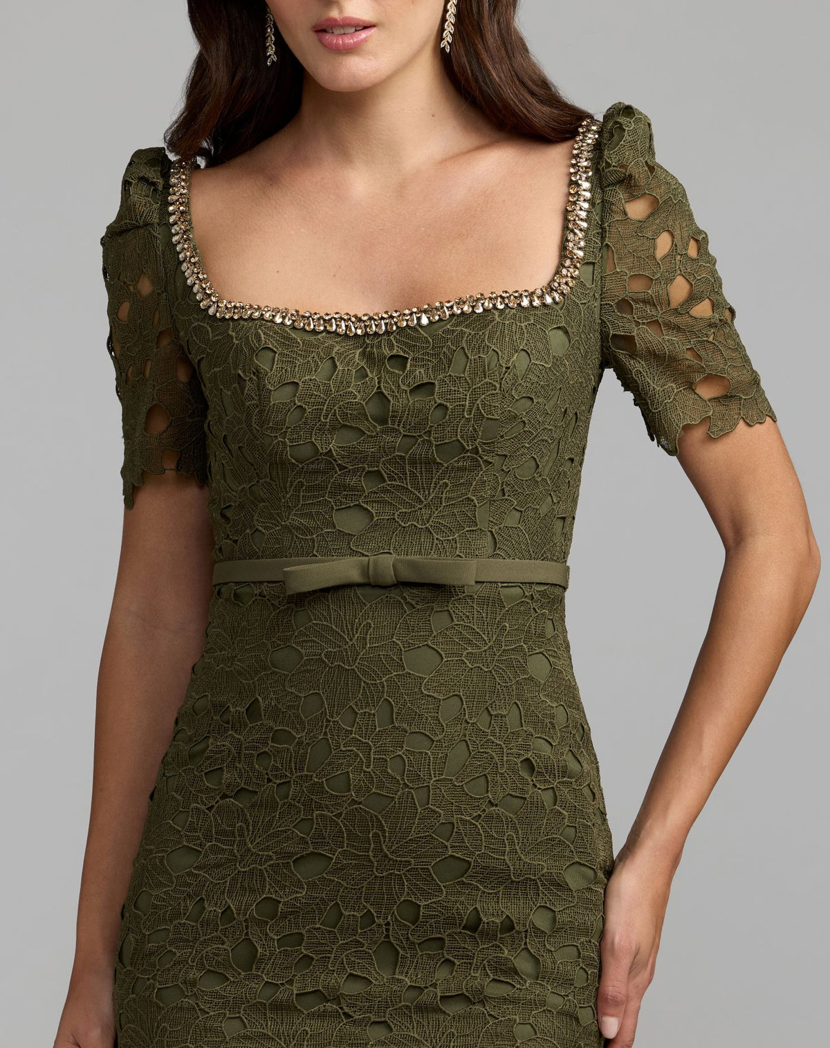 Green Embellished Square Neck Lace Midi Dress - Mac Duggal