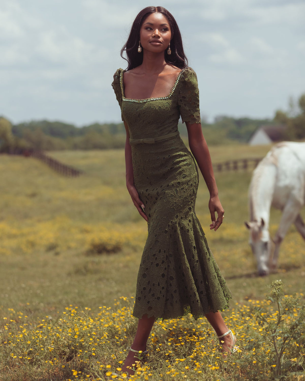 Green Embellished Square Neck Lace Midi Dress - Mac Duggal
