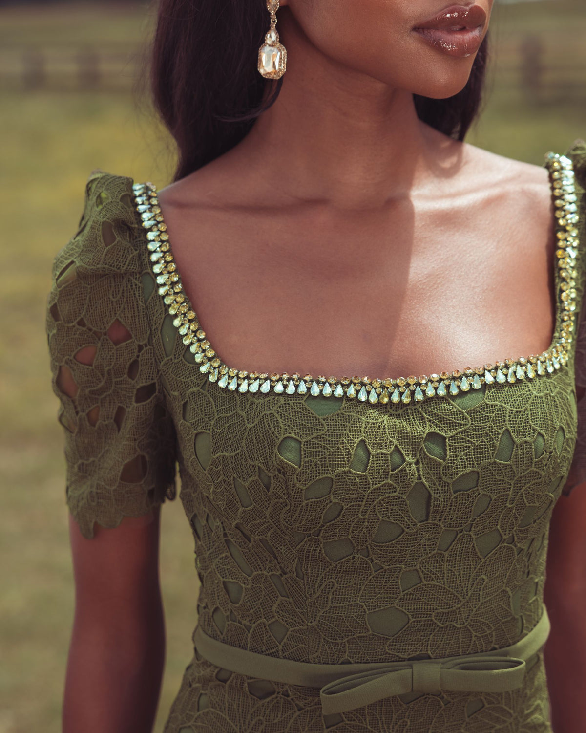 Green Embellished Square Neck Lace Midi Dress - Mac Duggal