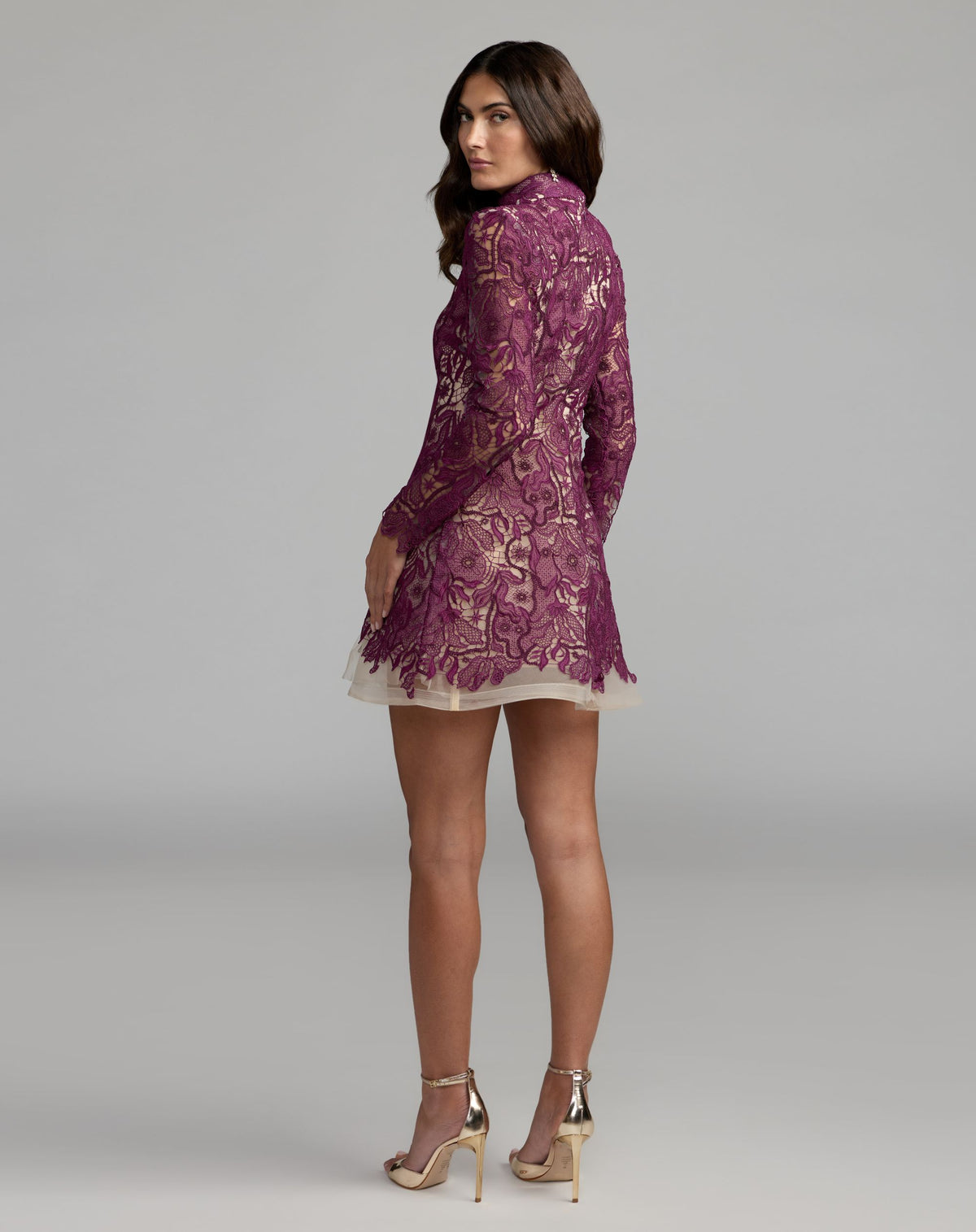 Purple Floral Embroidered Long Sleeve Mini Dress - Ieena for Mac Duggal