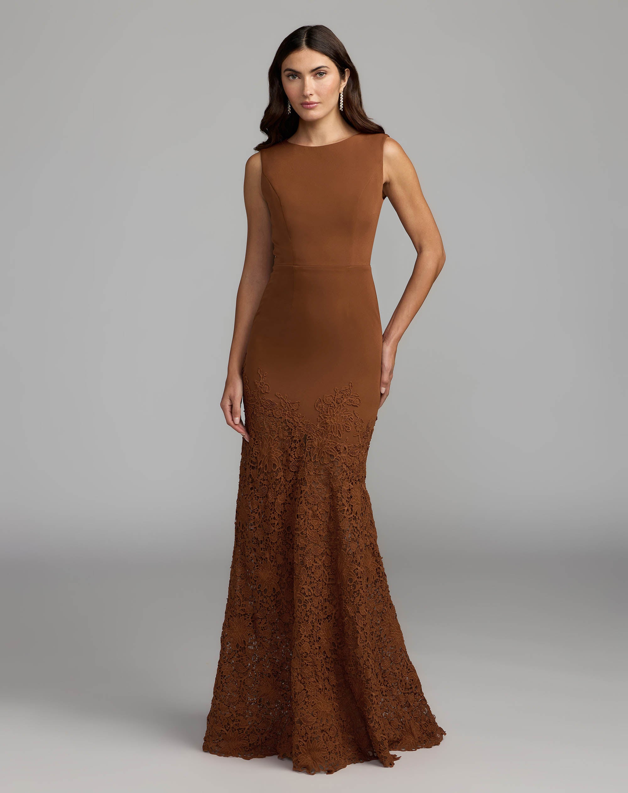 Brown Sleeveless Lace Mermaid Gown - Ieena for Mac Duggal