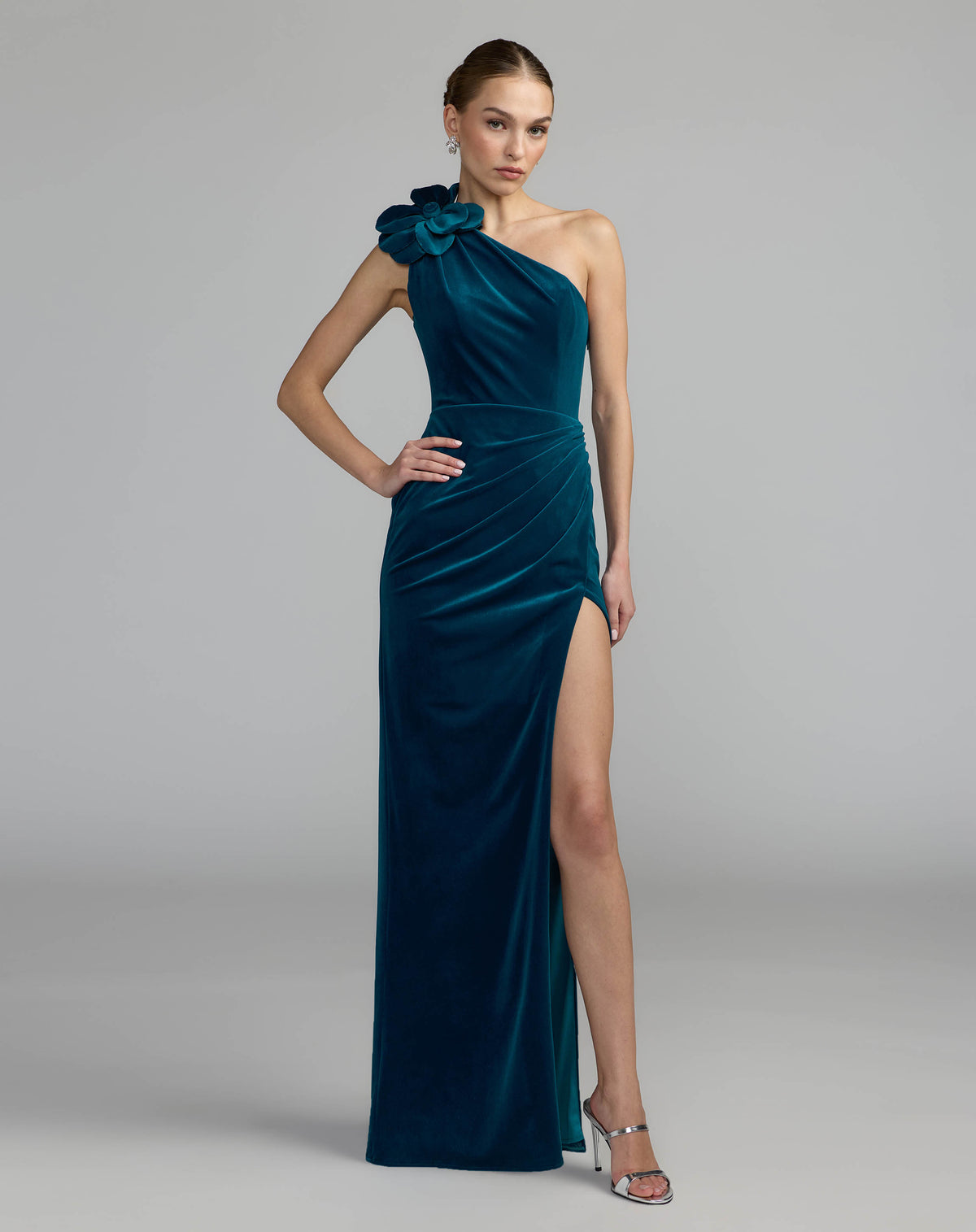 Blue One Shoulder Velvet Gown With 3D Flower - Ieena for Mac Duggal
