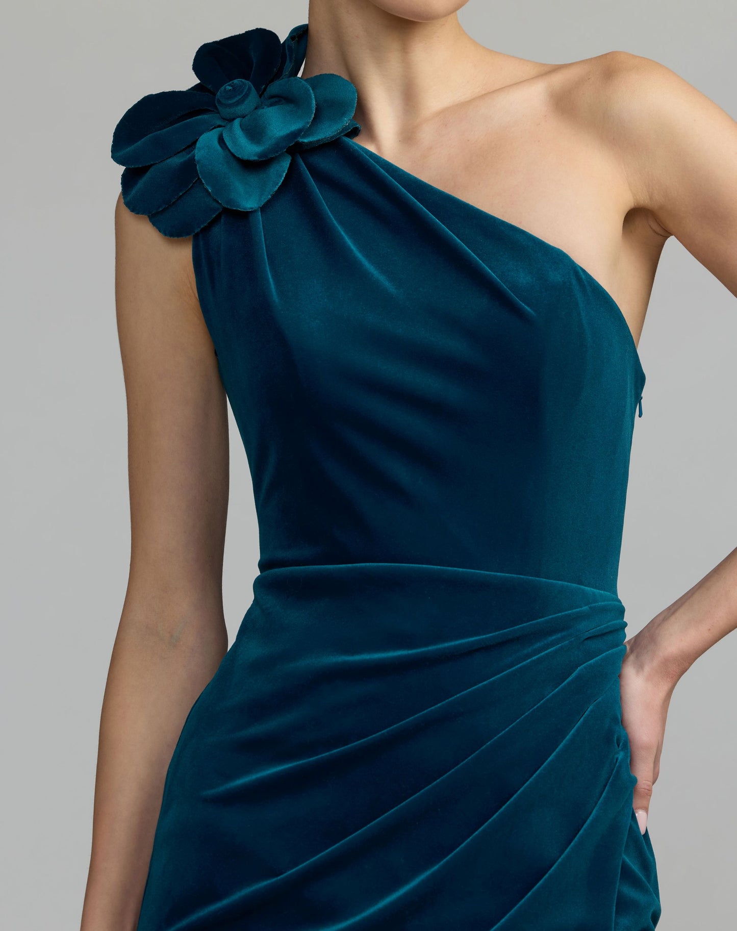 Blue One Shoulder Velvet Gown With 3D Flower - Ieena for Mac Duggal