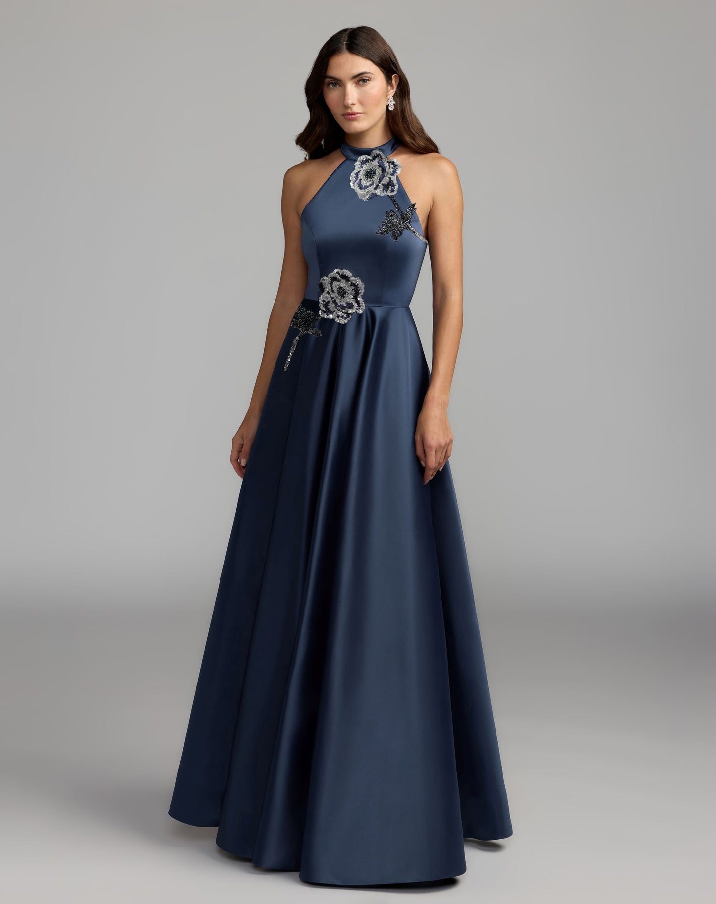 Navy Floral Sequin Appliqué Halter Ball Gown Ieena for Mac Duggal