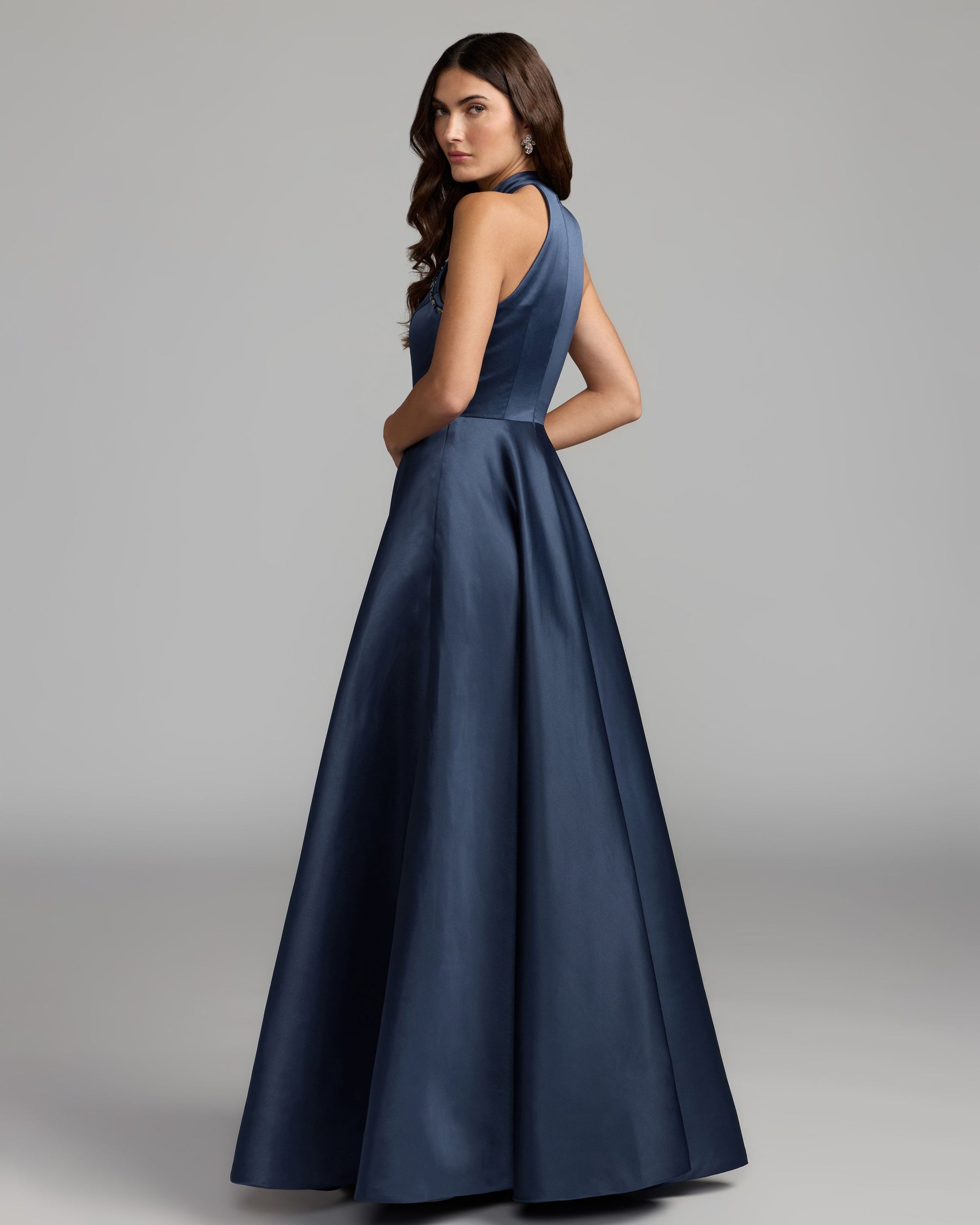 Navy Floral Sequin Appliqué Halter Ball Gown Ieena for Mac Duggal