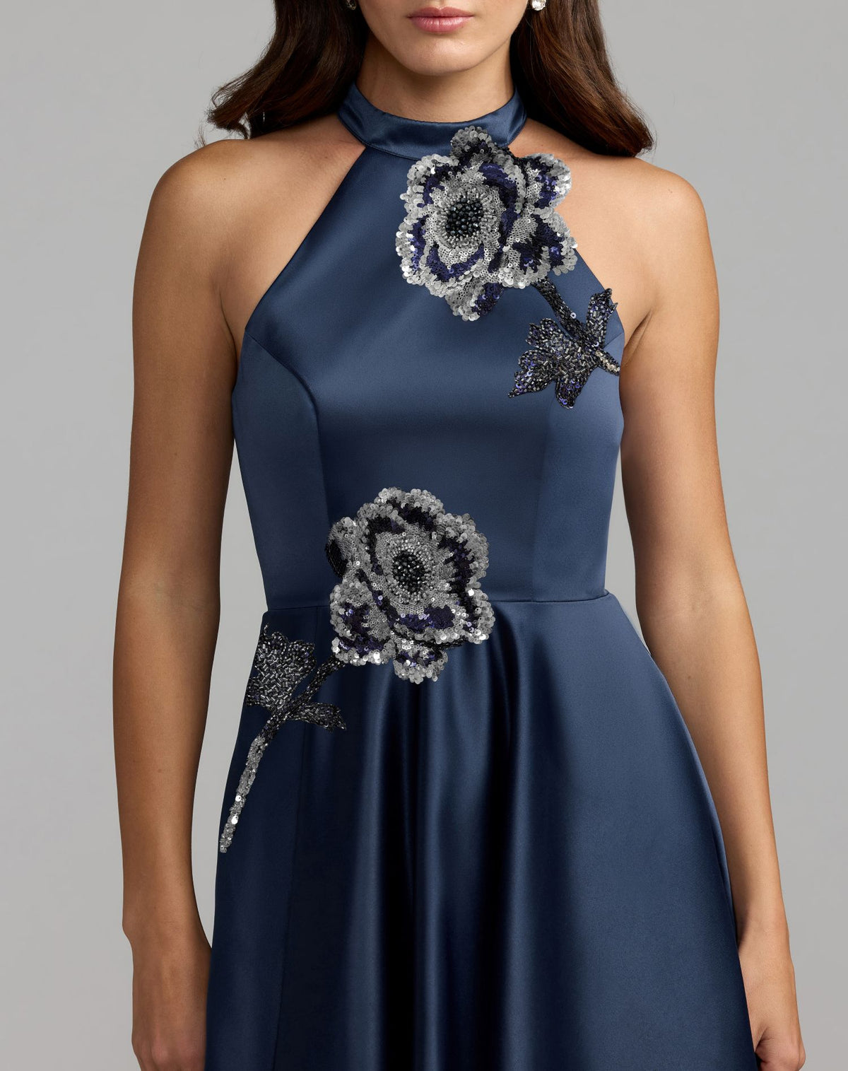 Navy Floral Sequin Appliqué Halter Ball Gown Ieena for Mac Duggal