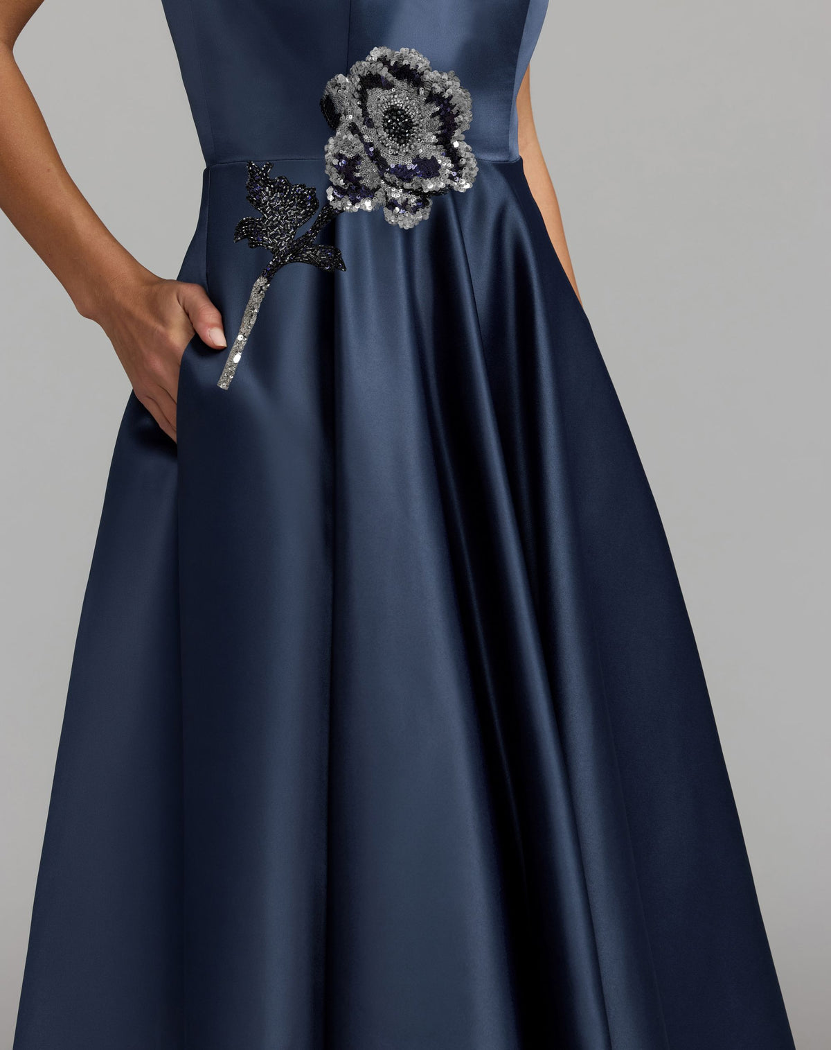 Navy Floral Sequin Appliqué Halter Ball Gown Ieena for Mac Duggal