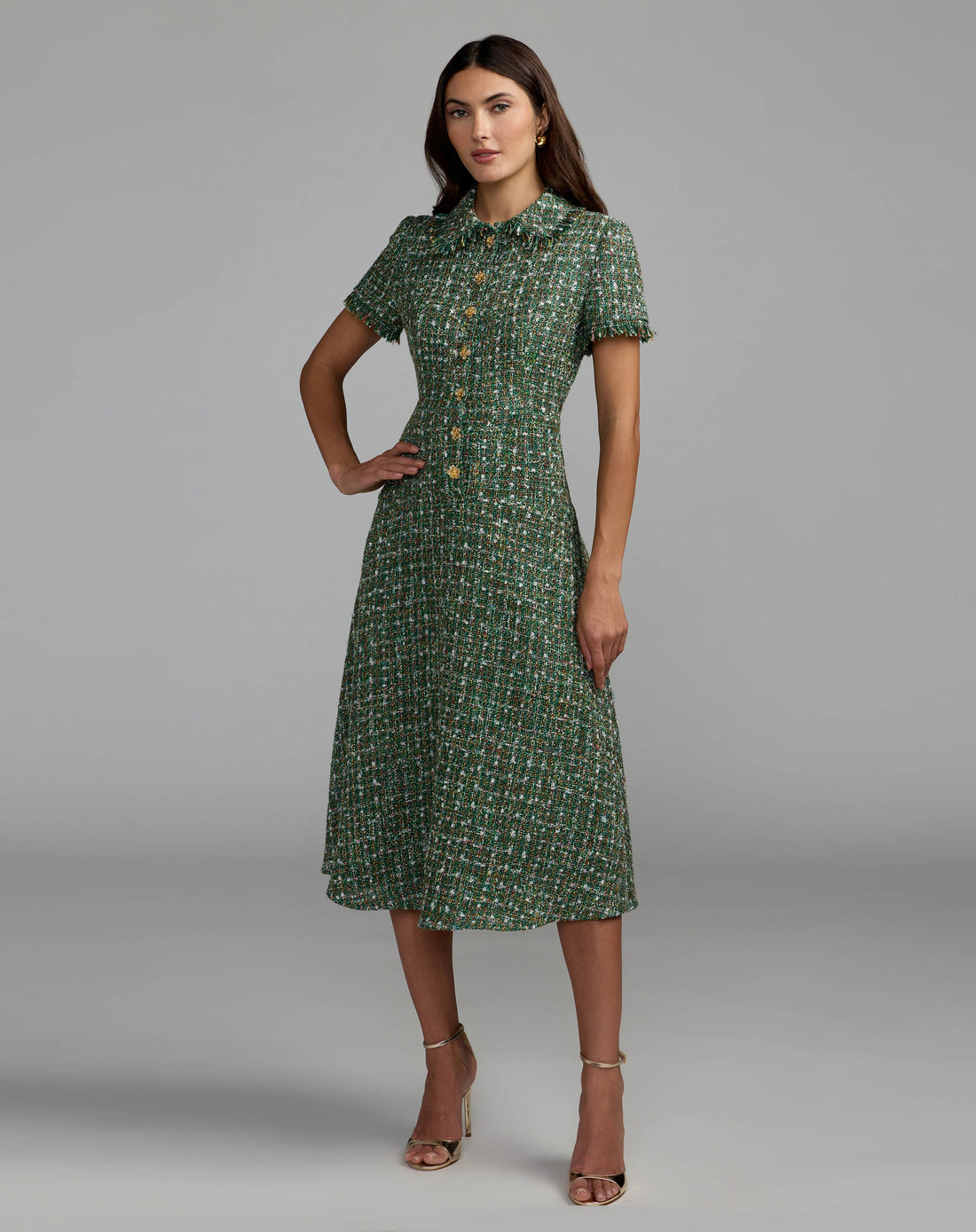 Green Boucle Short Sleeve Button Up Midi Dress - Mac Duggal