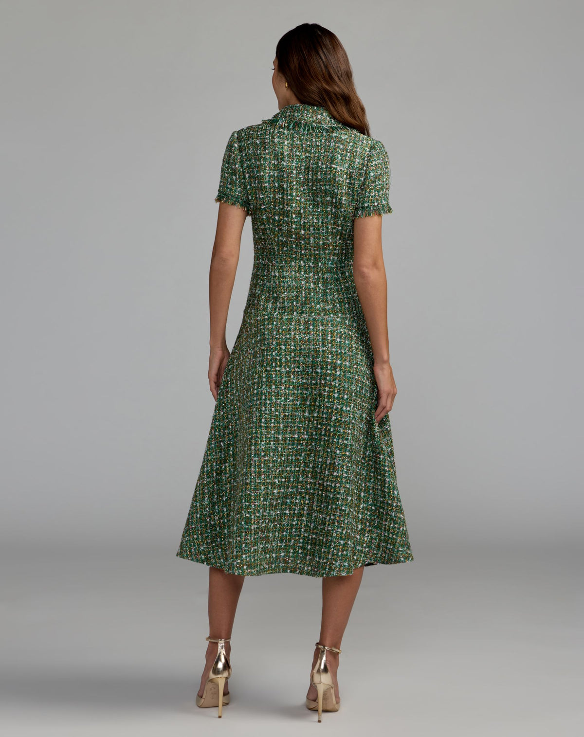 Green Boucle Short Sleeve Button Up Midi Dress - Mac Duggal