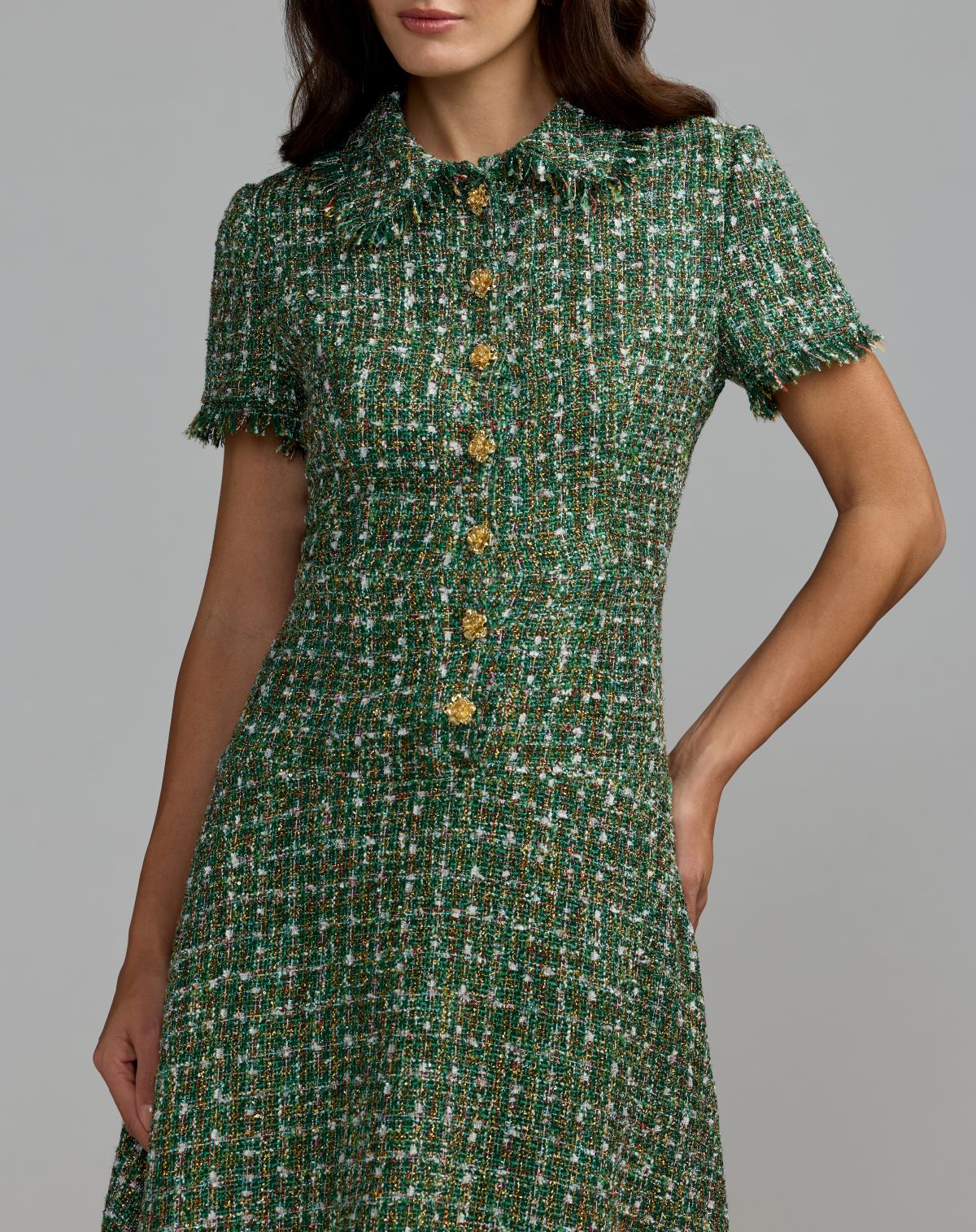 Green Boucle Short Sleeve Button Up Midi Dress - Mac Duggal