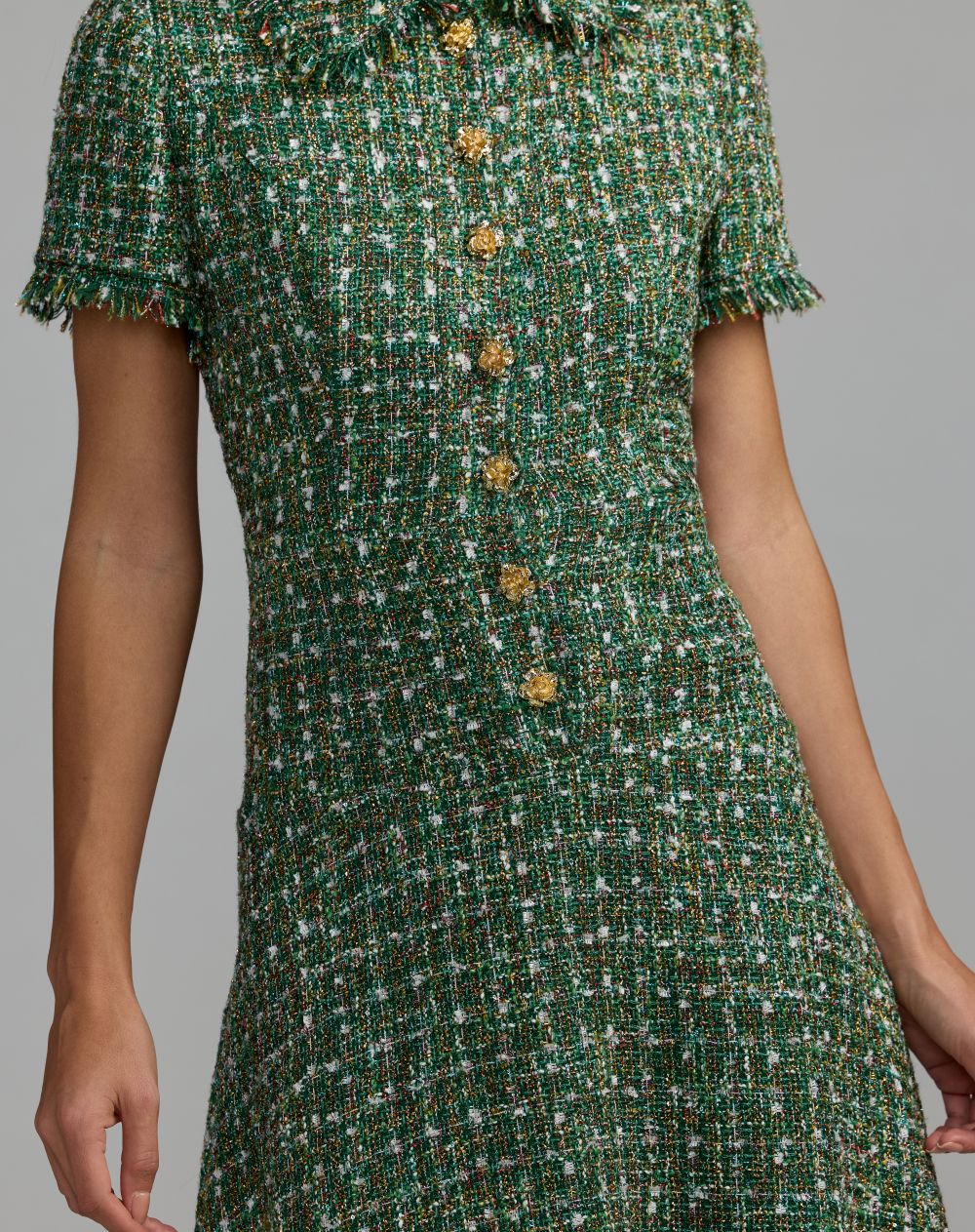 Green Boucle Short Sleeve Button Up Midi Dress - Mac Duggal