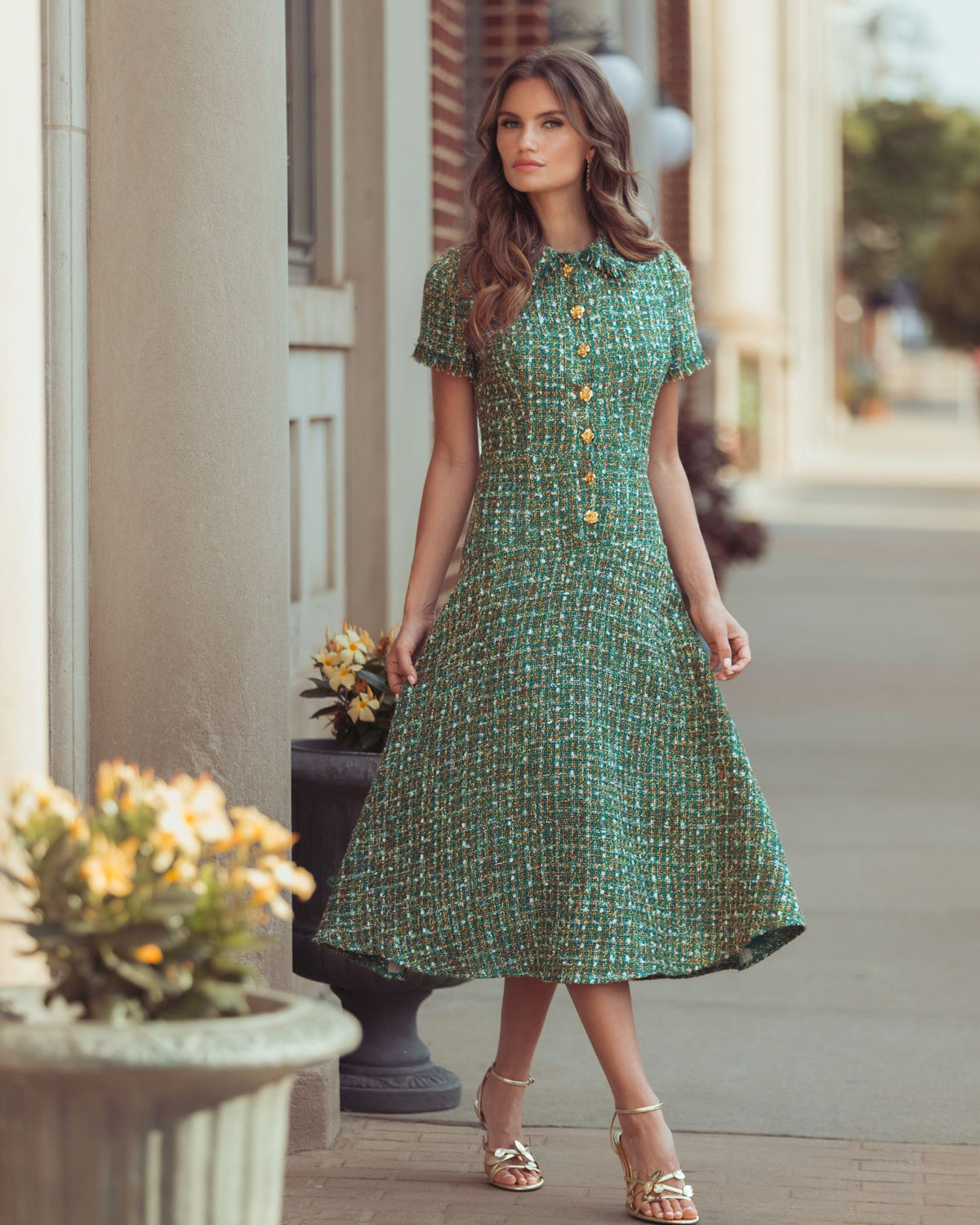 Green Boucle Short Sleeve Button Up Midi Dress - Mac Duggal