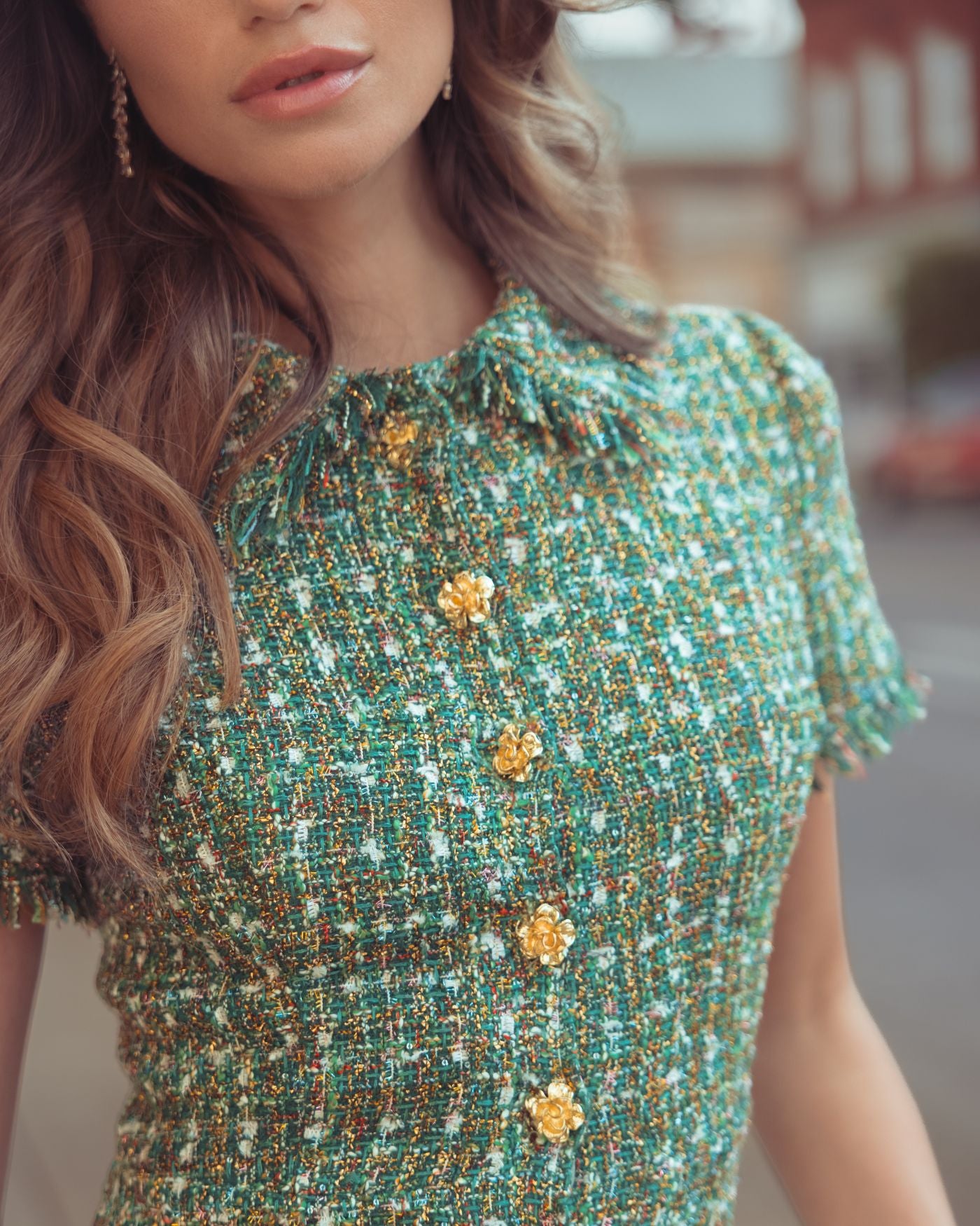 Green Boucle Short Sleeve Button Up Midi Dress - Mac Duggal