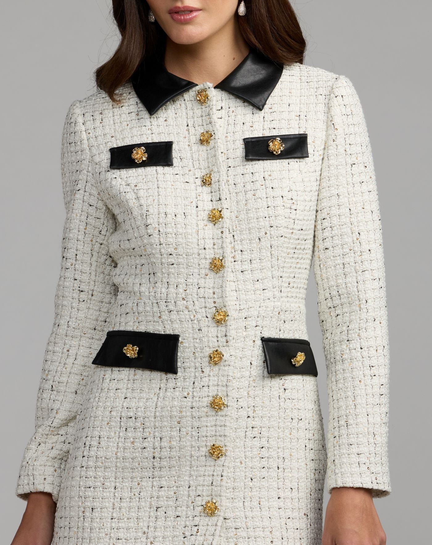 White Long Sleeve Button Up Collared Mini Dress - Mac Duggal